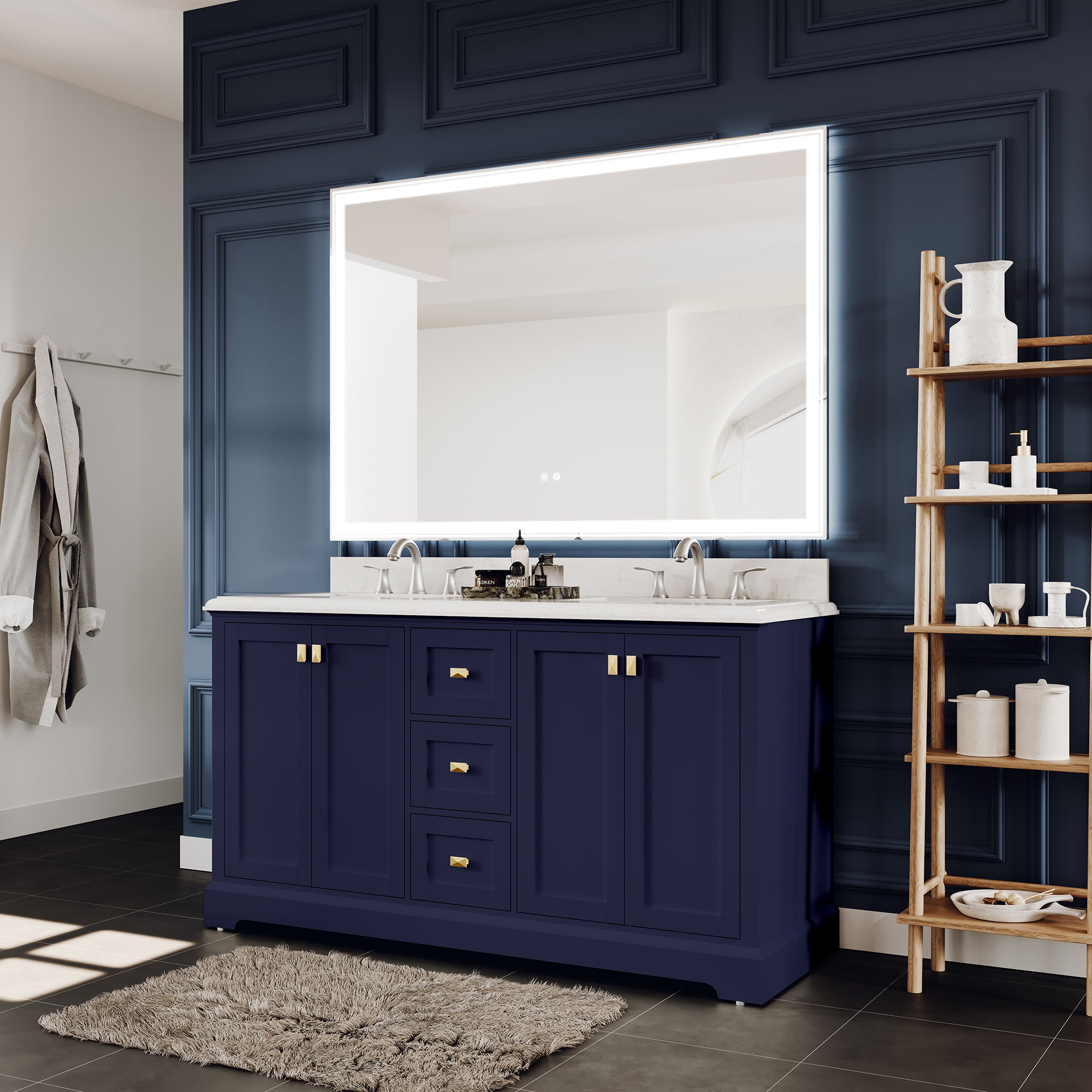 Meuble-lavabo double autoportant de 60 po avec dessus en marbre naturel RX-V02-60