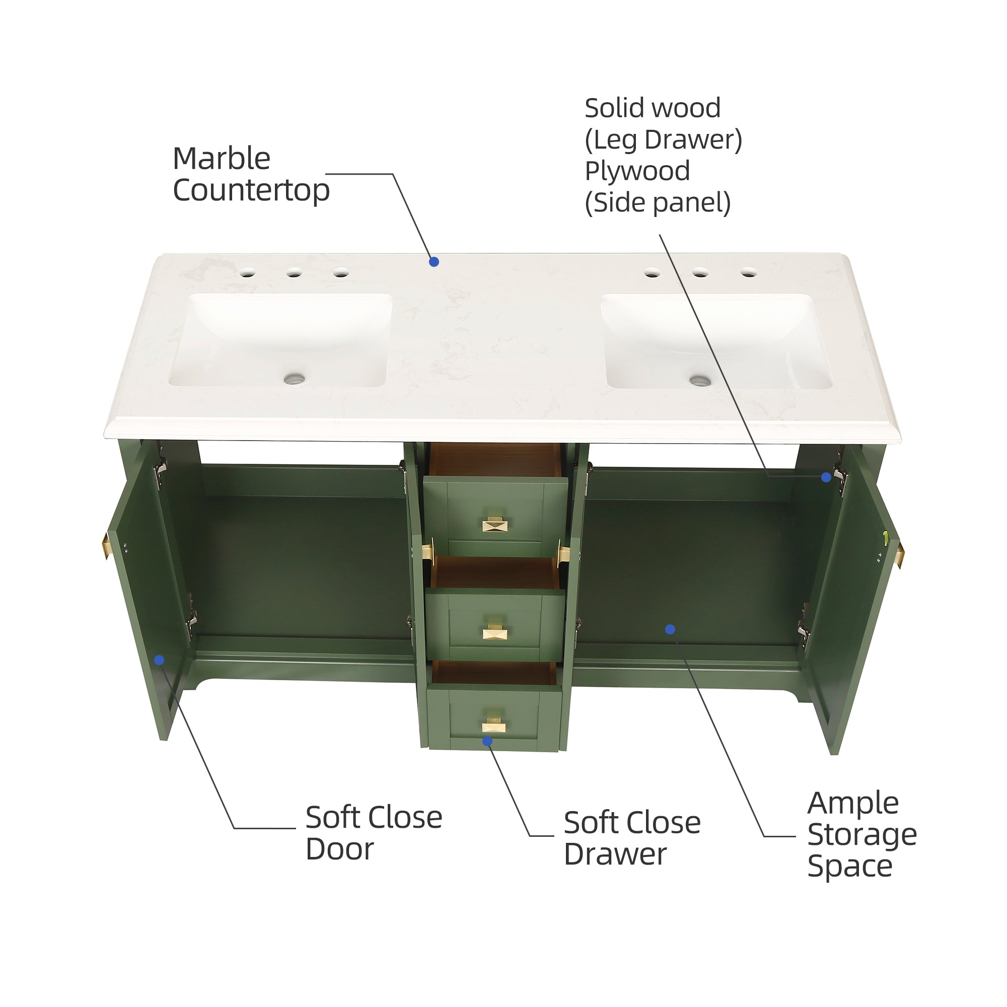 Meuble-lavabo double autoportant de 60 po avec dessus en marbre naturel RX-V02-60