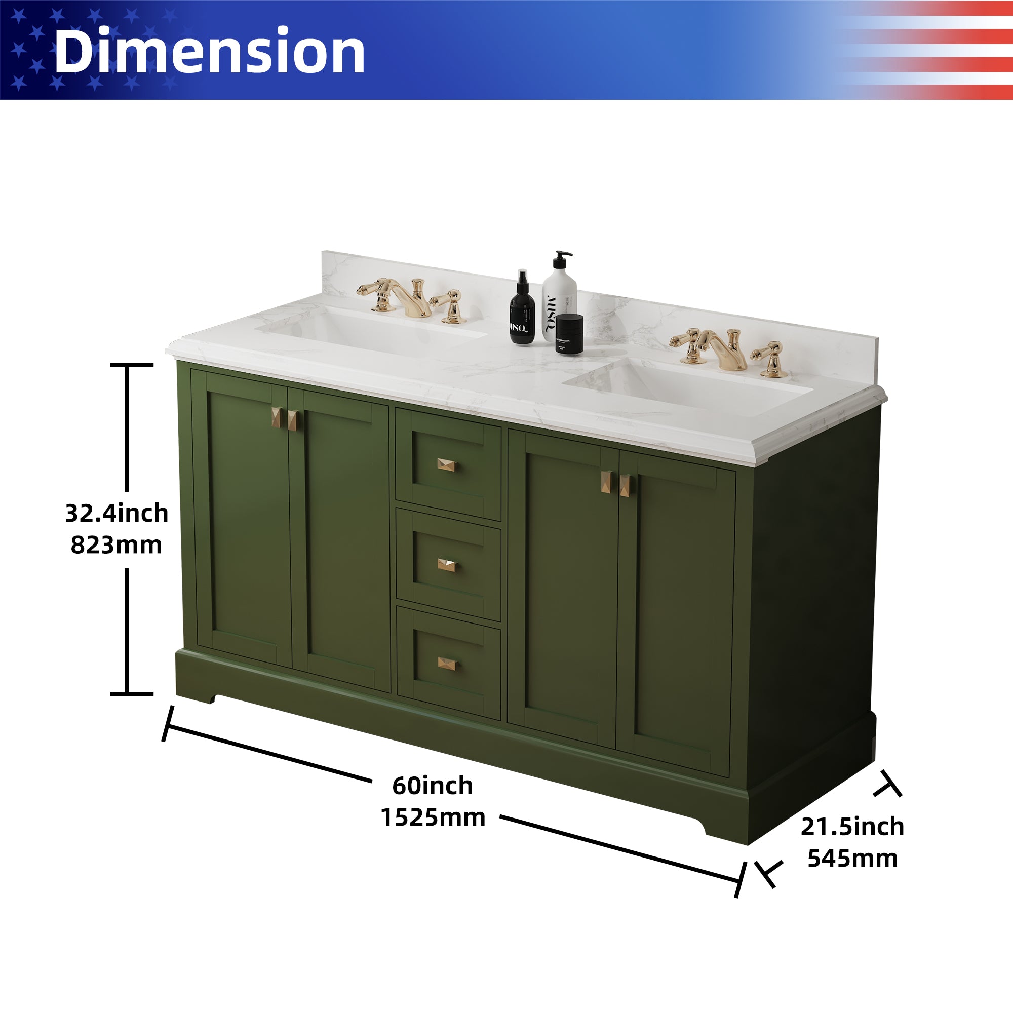 Meuble-lavabo double autoportant de 60 po avec dessus en marbre naturel RX-V02-60