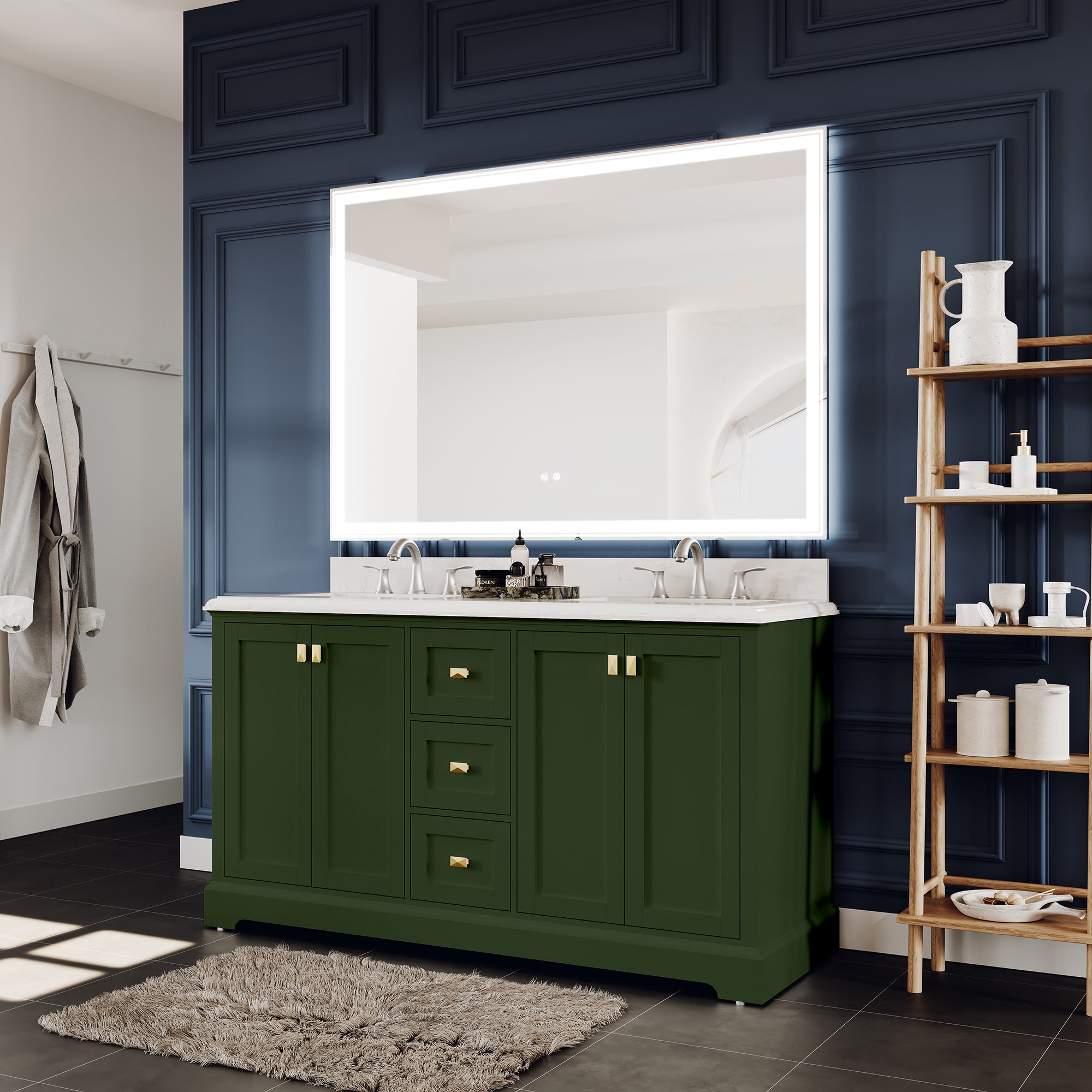 Meuble-lavabo double autoportant de 60 po avec dessus en marbre naturel RX-V02-60