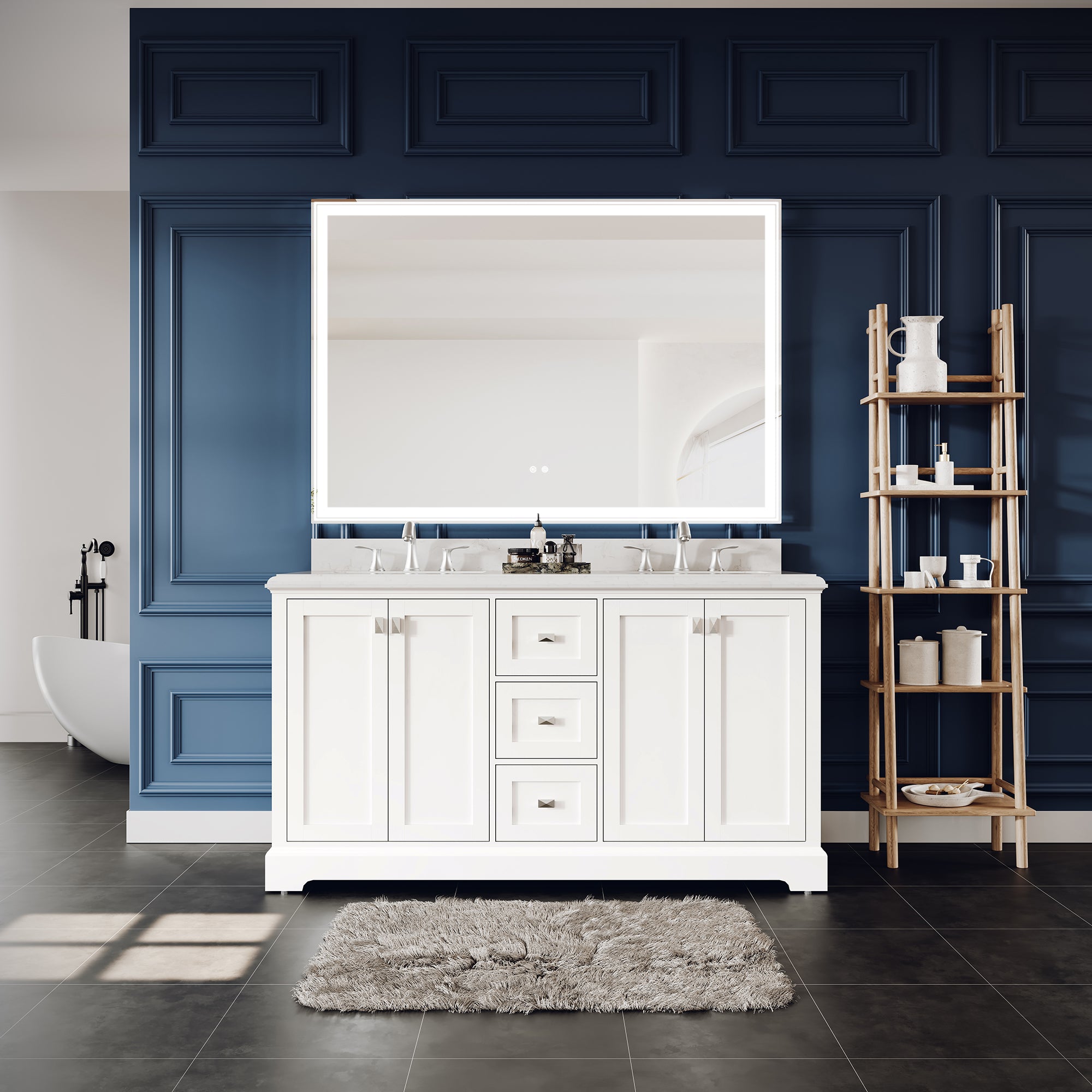Meuble-lavabo double autoportant de 60 po avec dessus en marbre naturel RX-V02-60