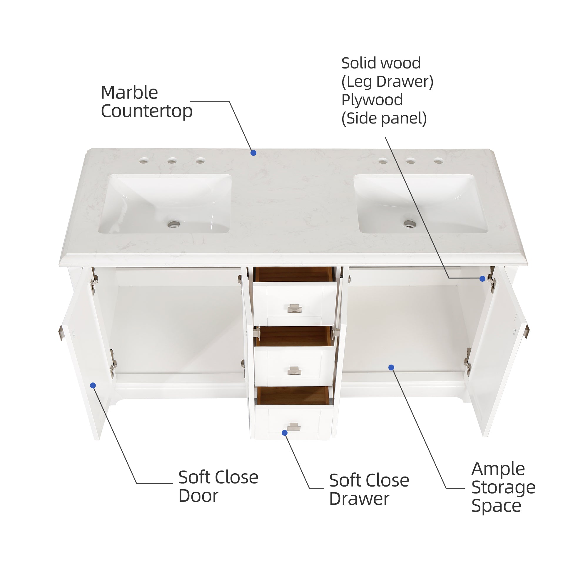 Meuble-lavabo double autoportant de 60 po avec dessus en marbre naturel RX-V02-60