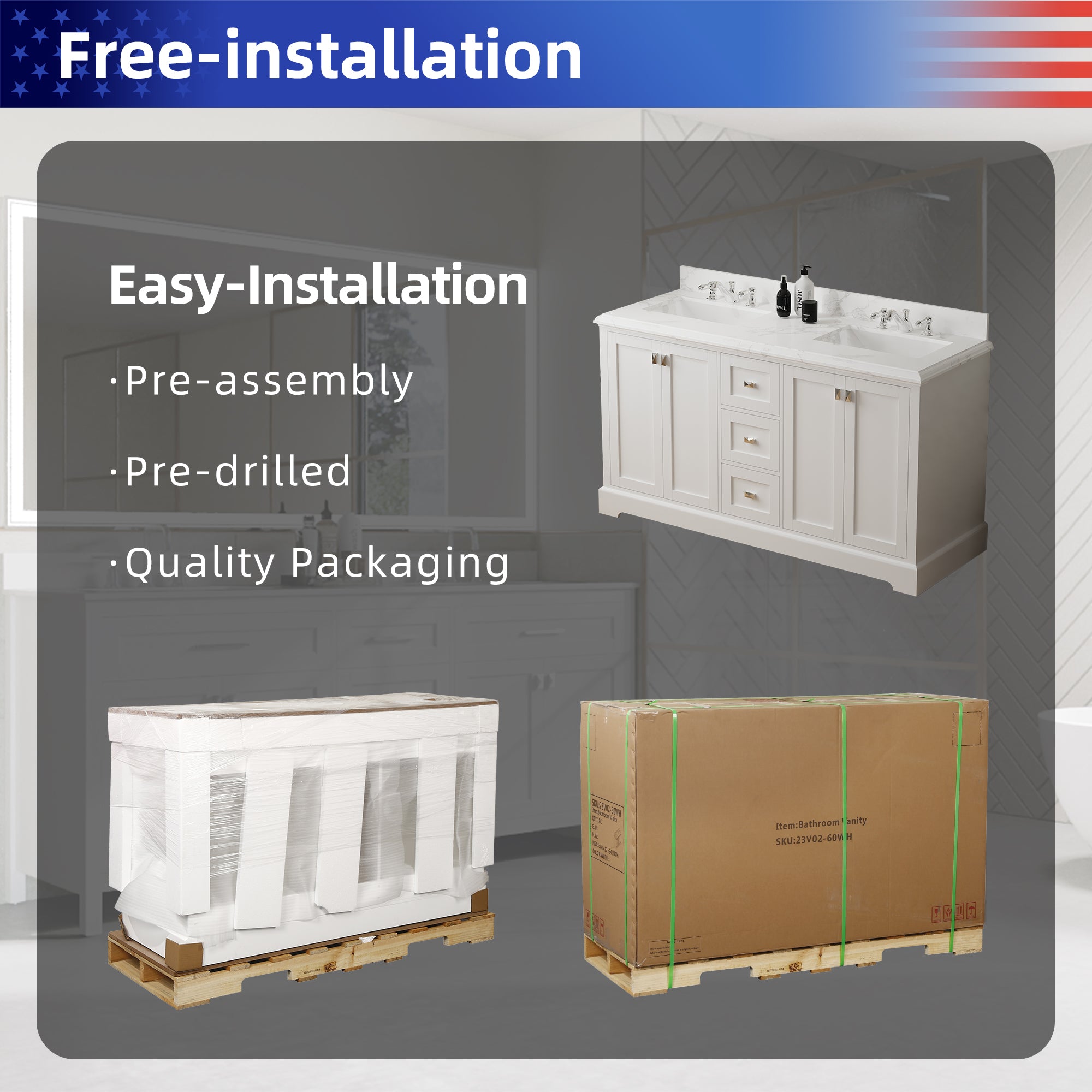 Meuble-lavabo double autoportant de 60 po avec dessus en marbre naturel RX-V02-60