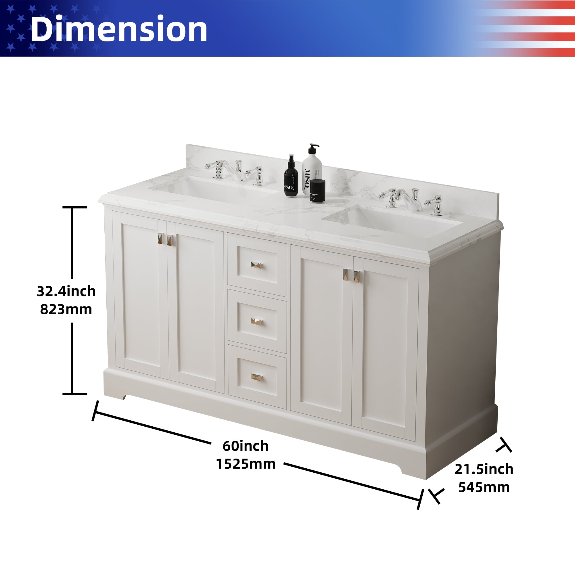 Meuble-lavabo double autoportant de 60 po avec dessus en marbre naturel RX-V02-60