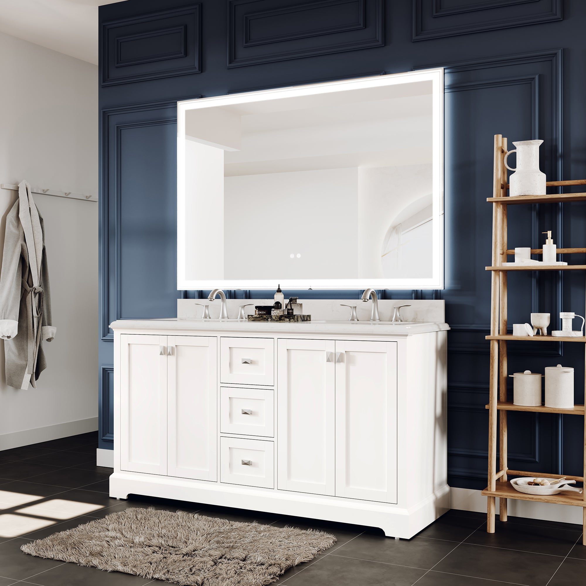 Meuble-lavabo double autoportant de 60 po avec dessus en marbre naturel RX-V02-60