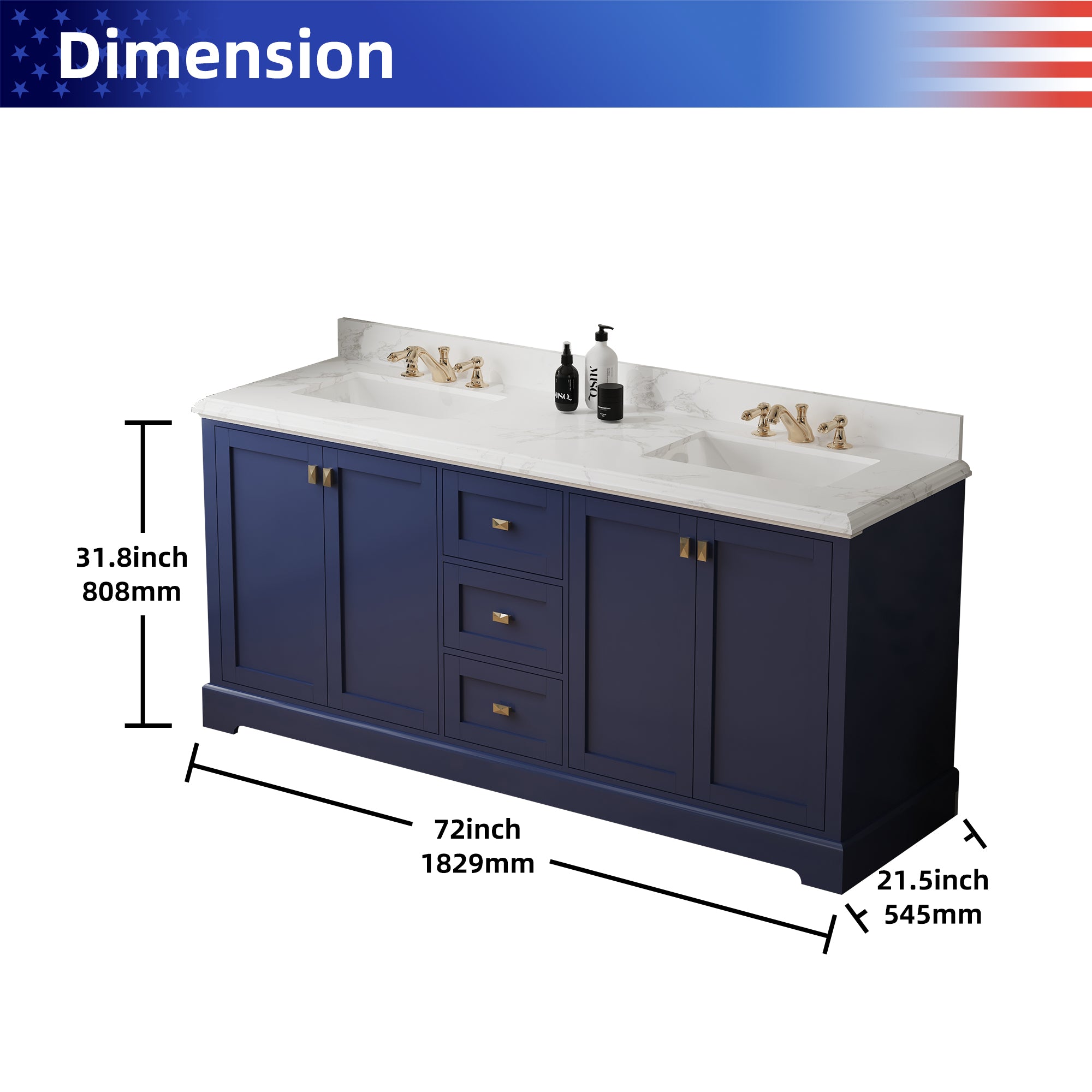 Meuble-lavabo double autoportant de 72 po avec dessus en marbre naturel RX-V02-72