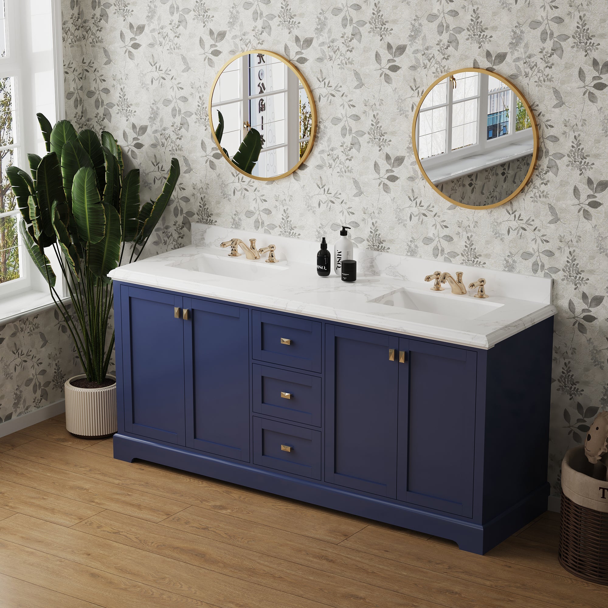 Meuble-lavabo double autoportant de 72 po avec dessus en marbre naturel RX-V02-72