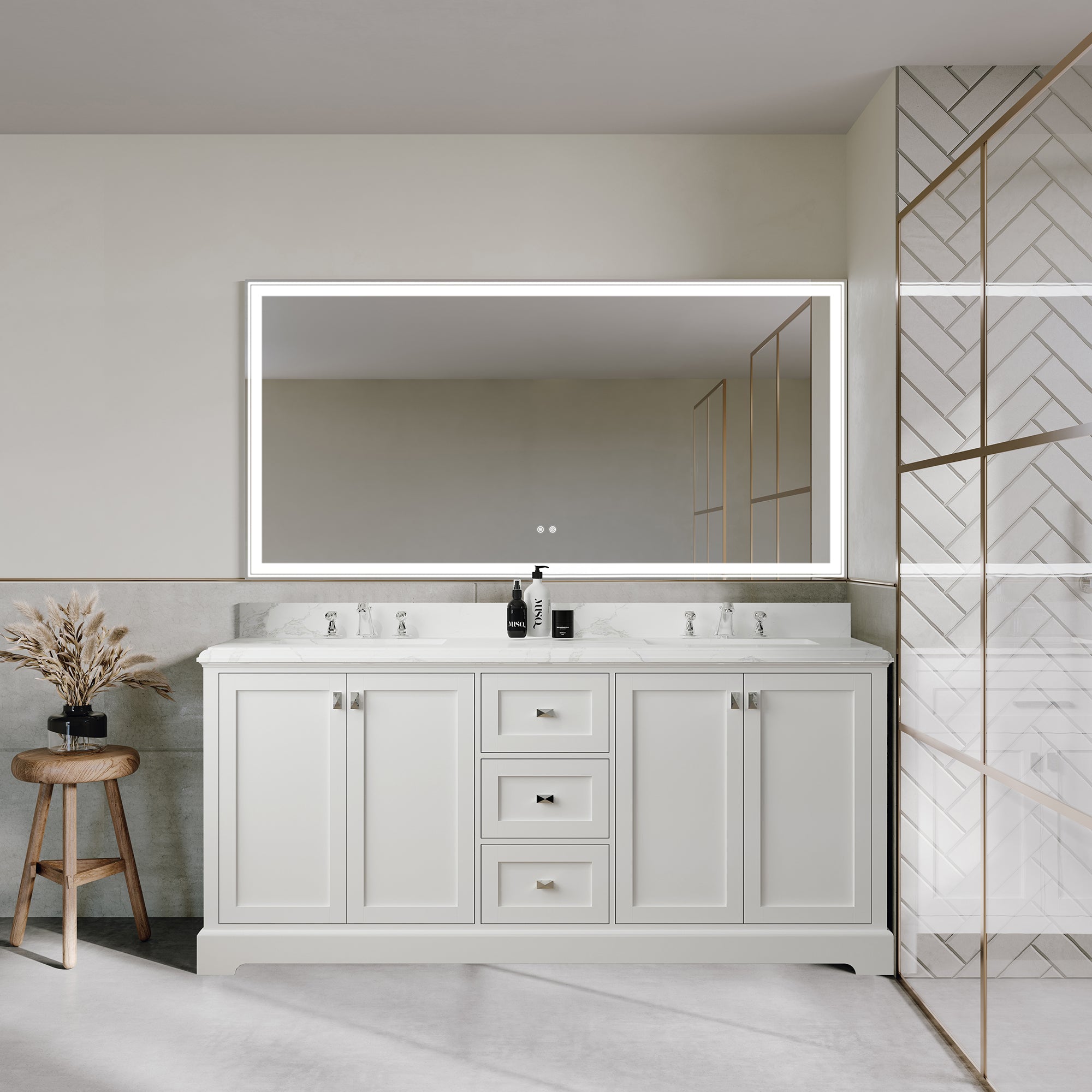 Meuble-lavabo double autoportant de 72 po avec dessus en marbre naturel RX-V02-72