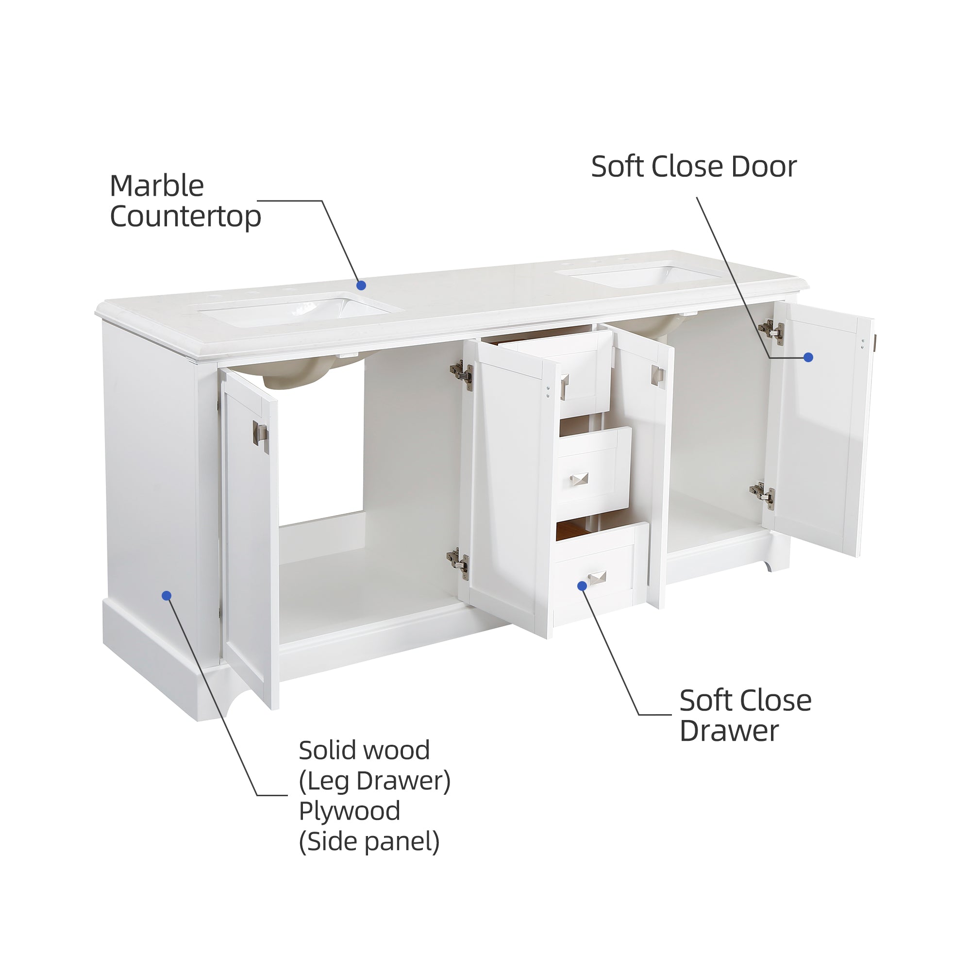 Meuble-lavabo double autoportant de 72 po avec dessus en marbre naturel RX-V02-72