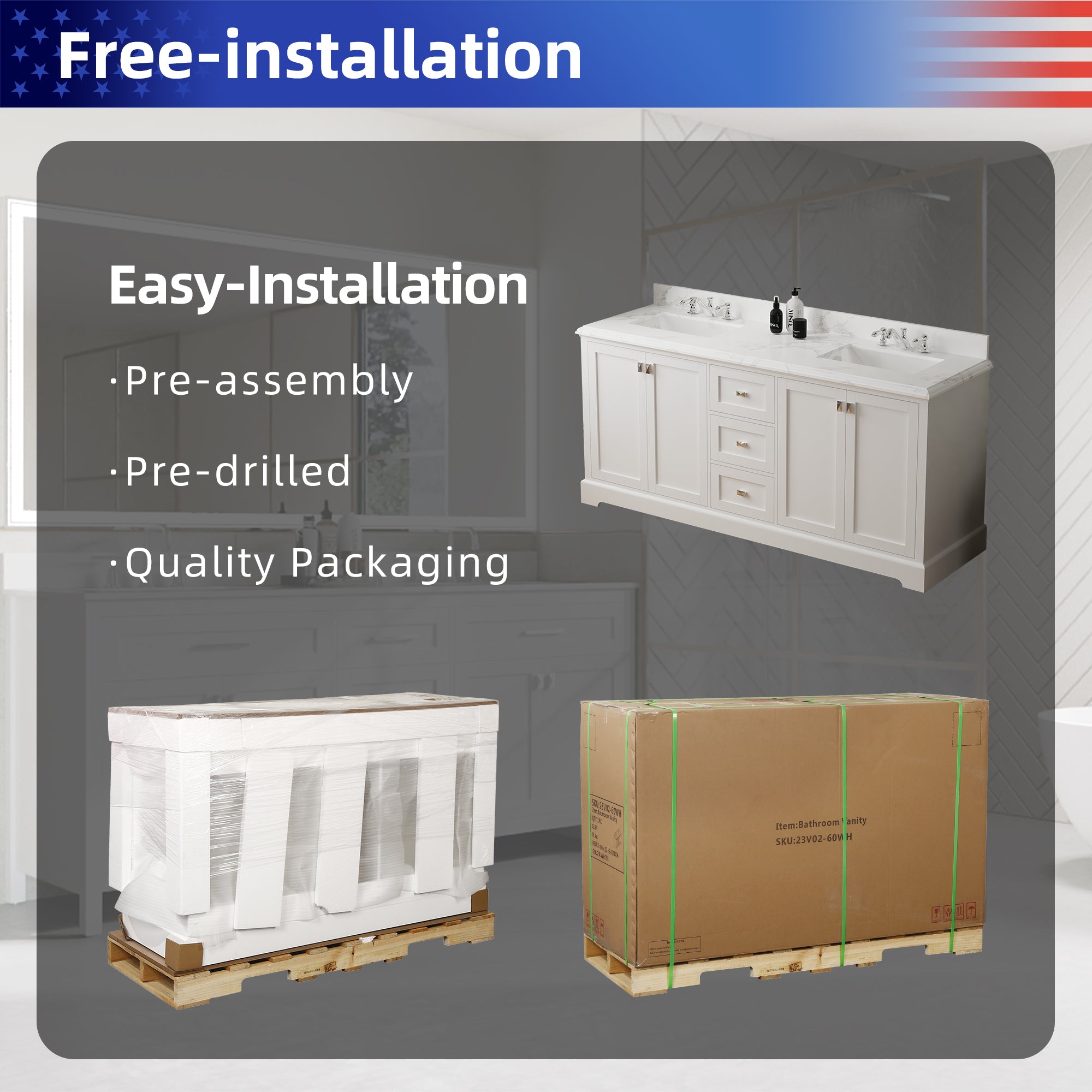 Meuble-lavabo double autoportant de 72 po avec dessus en marbre naturel RX-V02-72