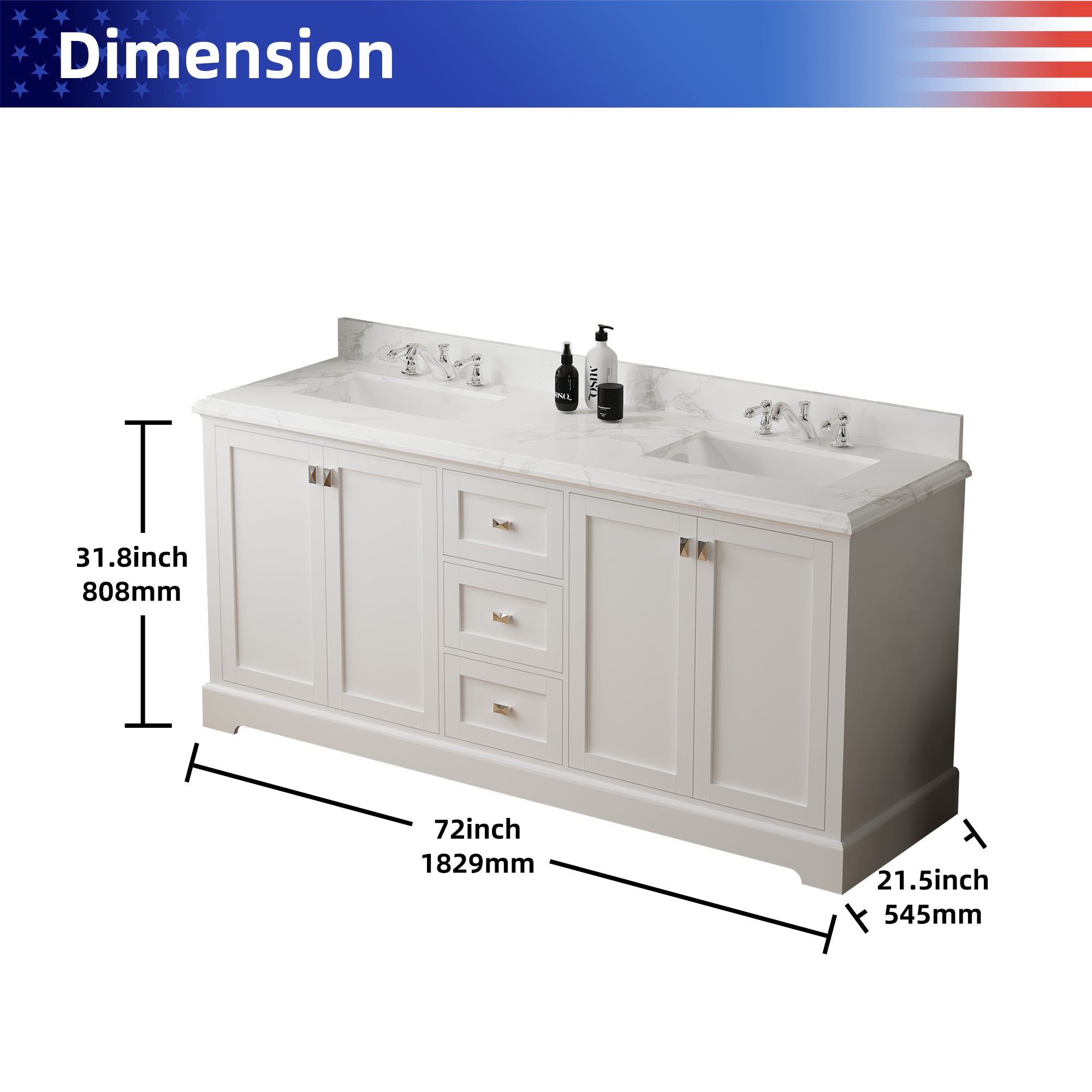 Meuble-lavabo double autoportant de 72 po avec dessus en marbre naturel RX-V02-72