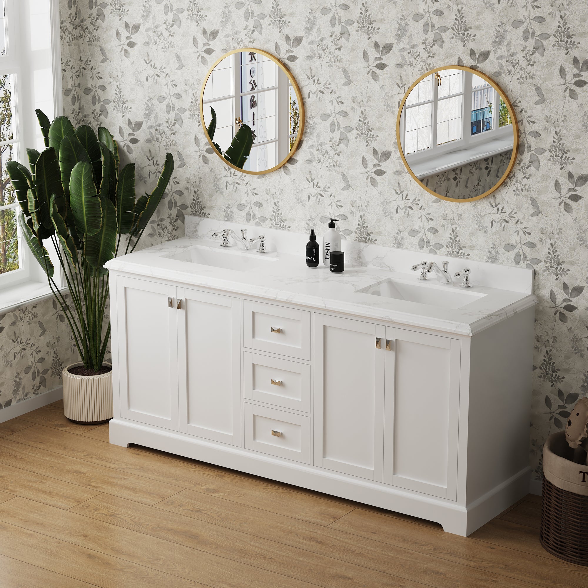 Meuble-lavabo double autoportant de 72 po avec dessus en marbre naturel RX-V02-72