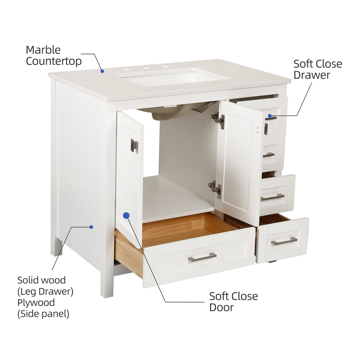 RAINLEX 36 in. Freestanding Bathroom Vanity with Natural Marble Top