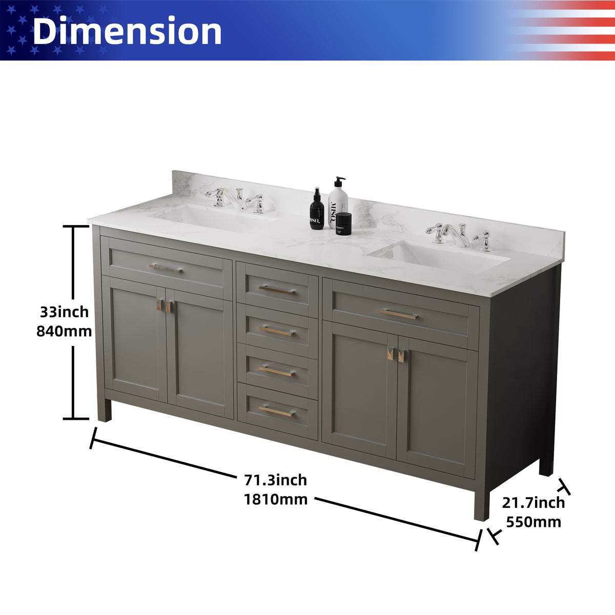 RAINLEX 72 in. Freestanding Bathroom Vanity with Natural Marble Top
