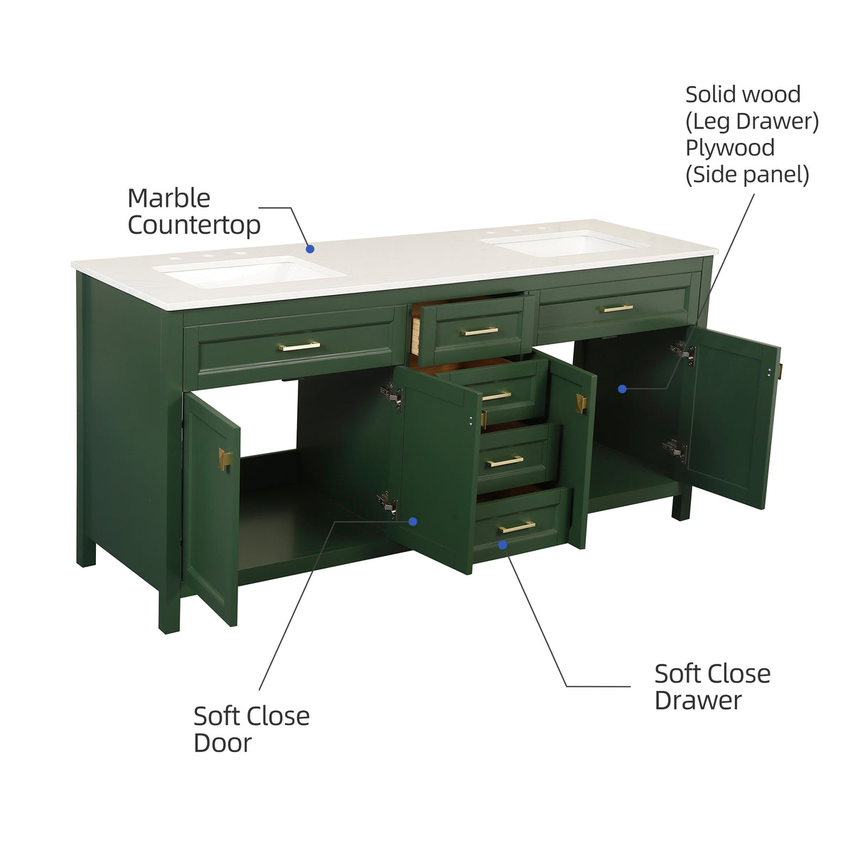 RAINLEX 72 in. Freestanding Bathroom Vanity with Natural Marble Top