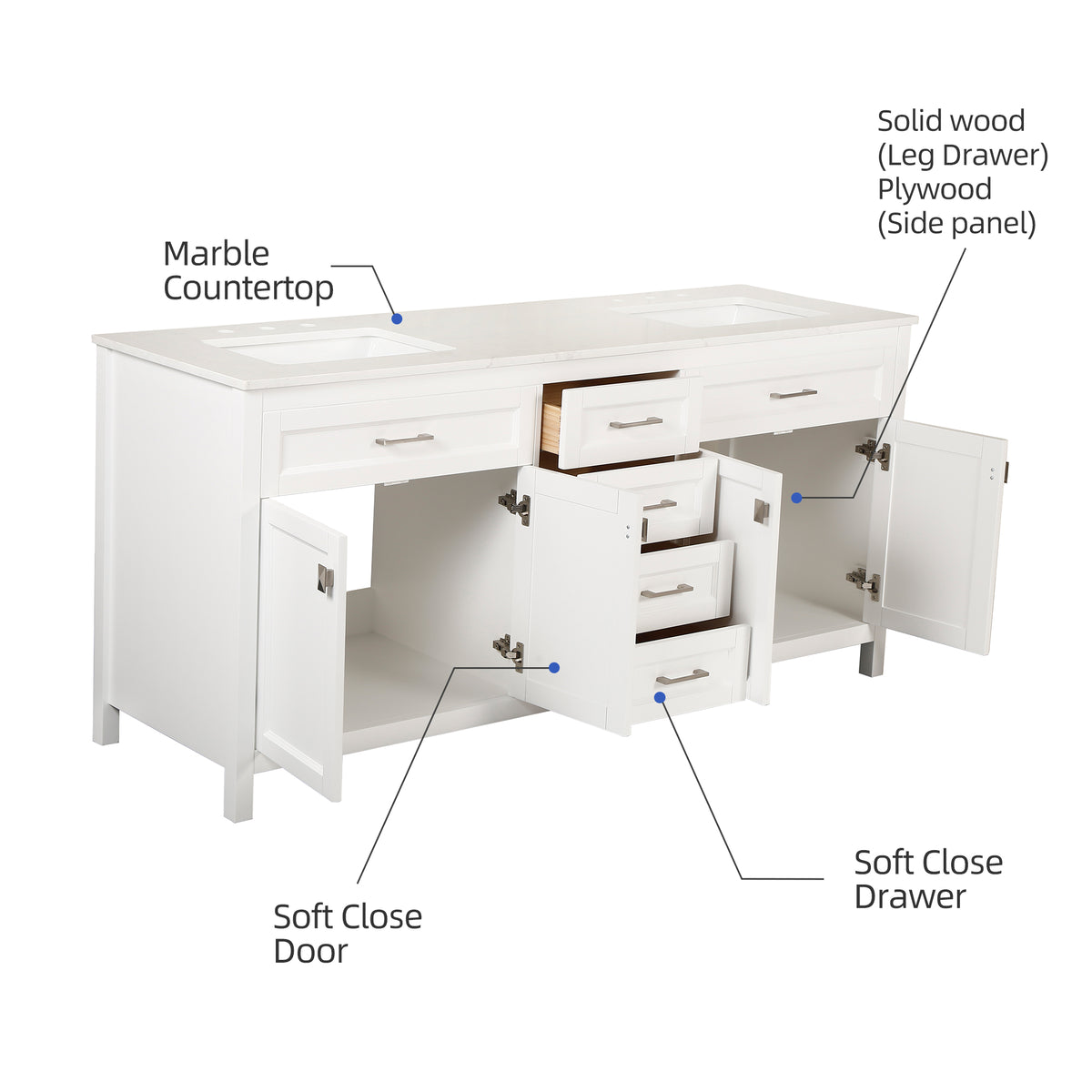 RAINLEX 72 in. Freestanding Bathroom Vanity with Natural Marble Top
