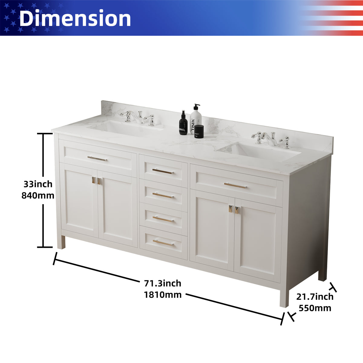 RAINLEX 72 in. Freestanding Bathroom Vanity with Natural Marble Top