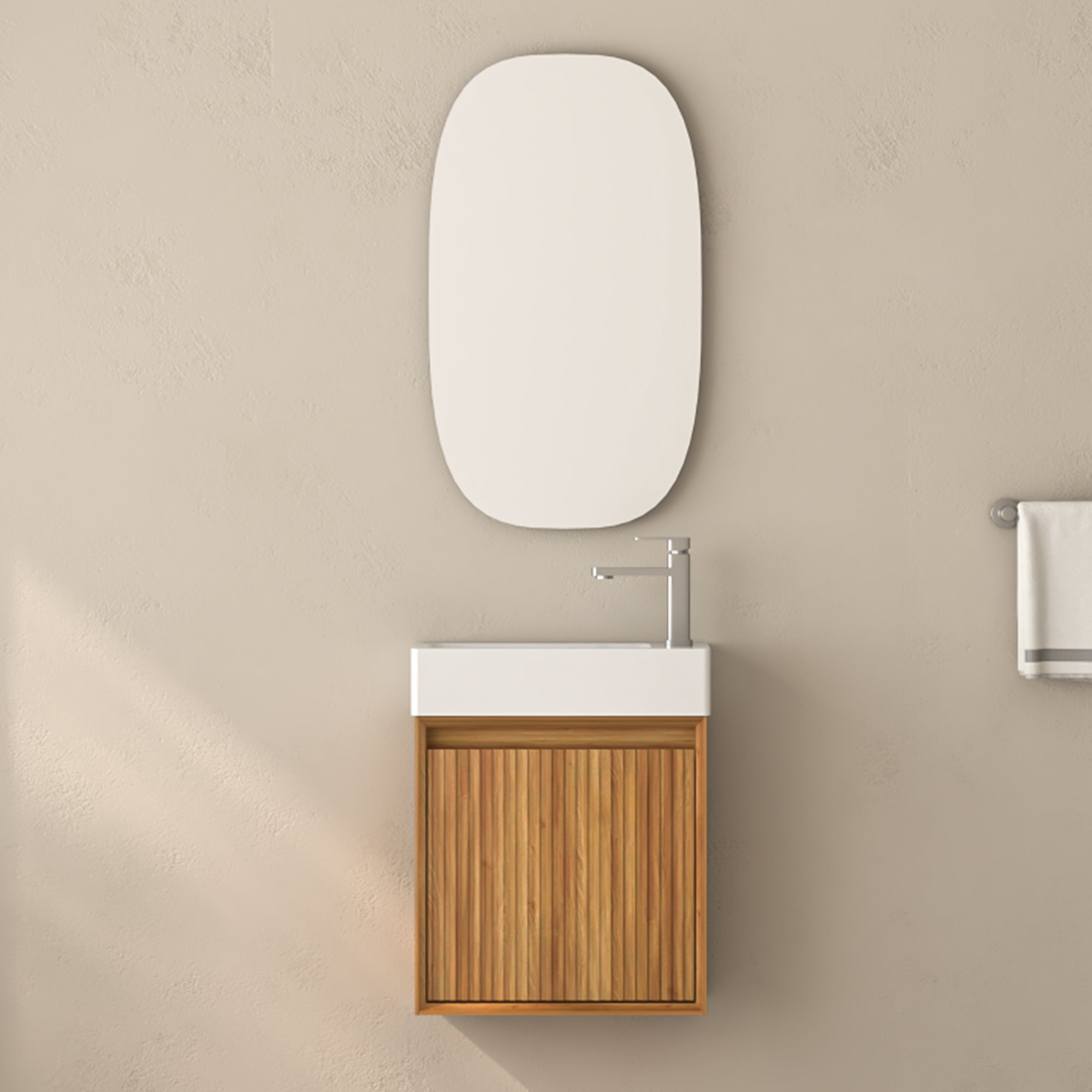 16" Small Bathroom Vanity Wall Mounted,Small Acacia Solid Wood Bathroom Vanity with White SMC Resin Basin, Modern Bathroom Vanity with Soft-Close Door RX-VO8-16NW