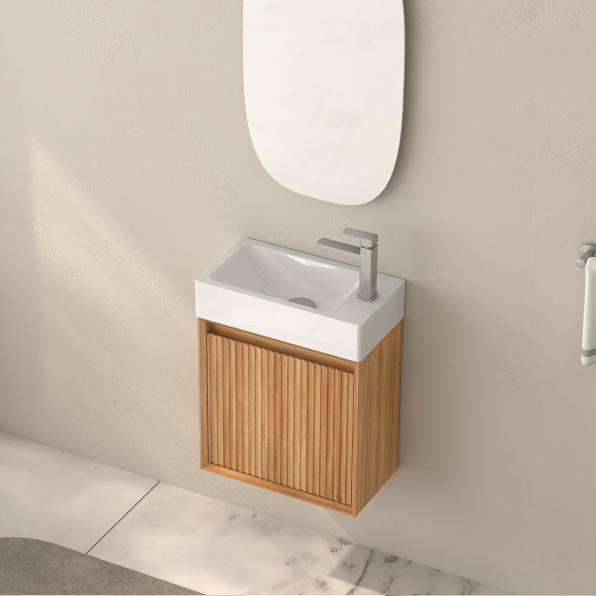 16" Small Bathroom Vanity Wall Mounted,Small Acacia Solid Wood Bathroom Vanity with White SMC Resin Basin, Modern Bathroom Vanity with Soft-Close Door RX-VO8-16NW