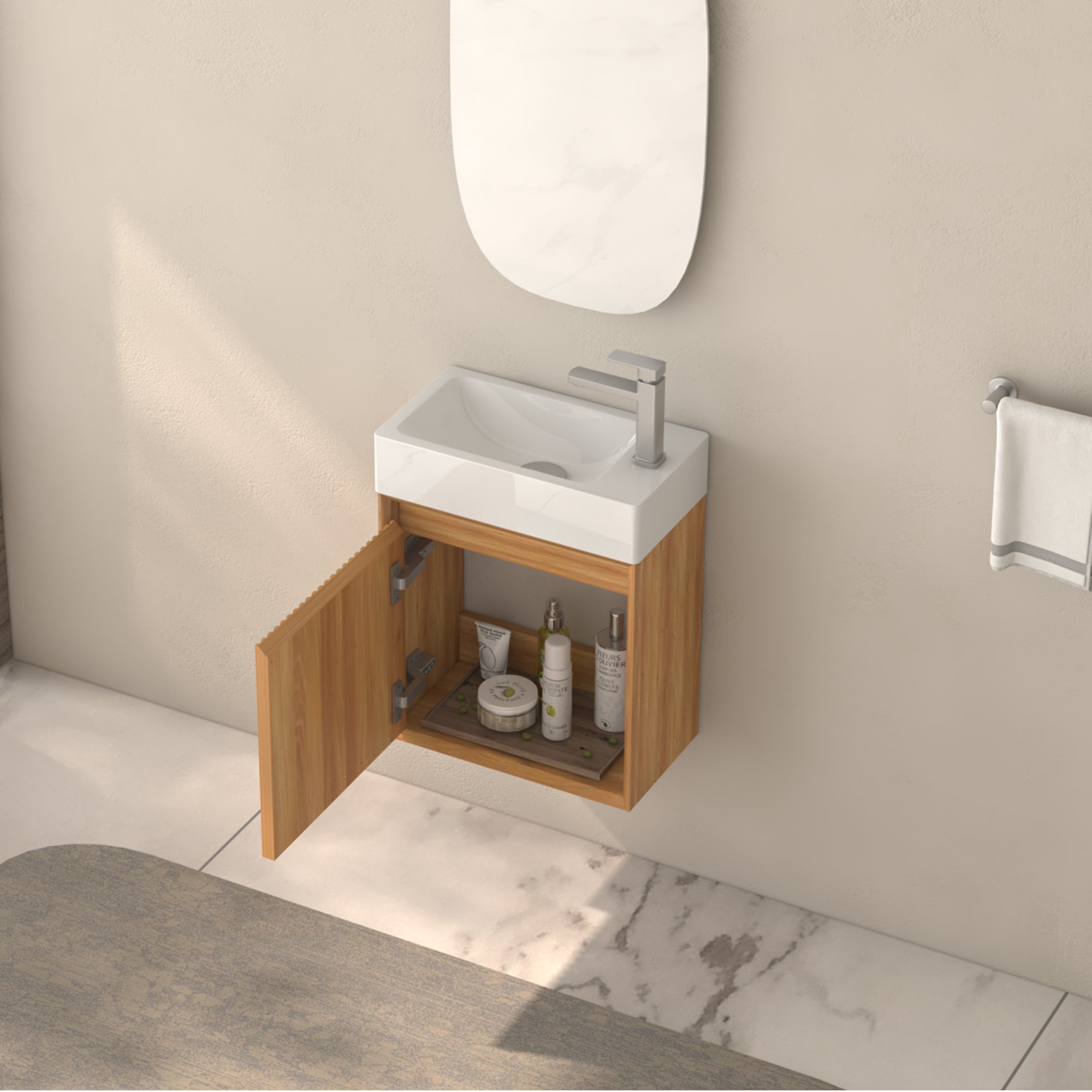 16" Small Bathroom Vanity Wall Mounted,Small Acacia Solid Wood Bathroom Vanity with White SMC Resin Basin, Modern Bathroom Vanity with Soft-Close Door RX-VO8-16NW