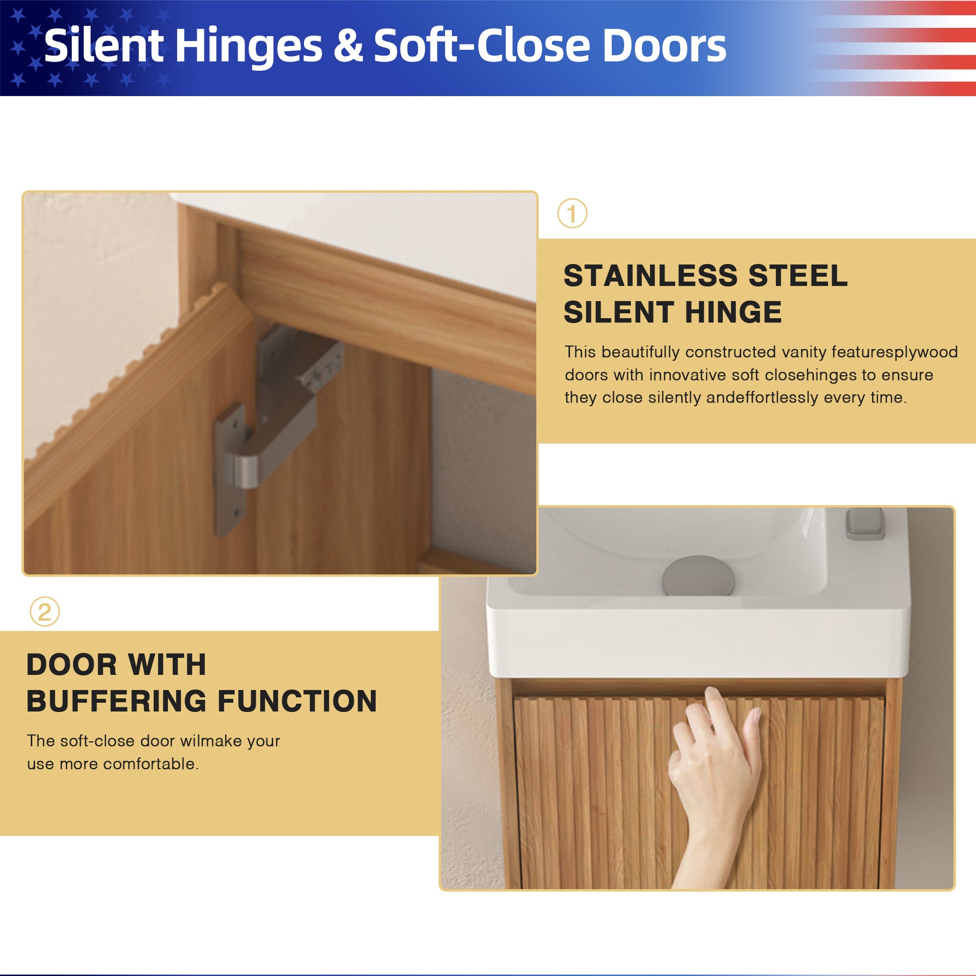 16" Small Bathroom Vanity Wall Mounted,Small Acacia Solid Wood Bathroom Vanity with White SMC Resin Basin, Modern Bathroom Vanity with Soft-Close Door RX-VO8-16NW