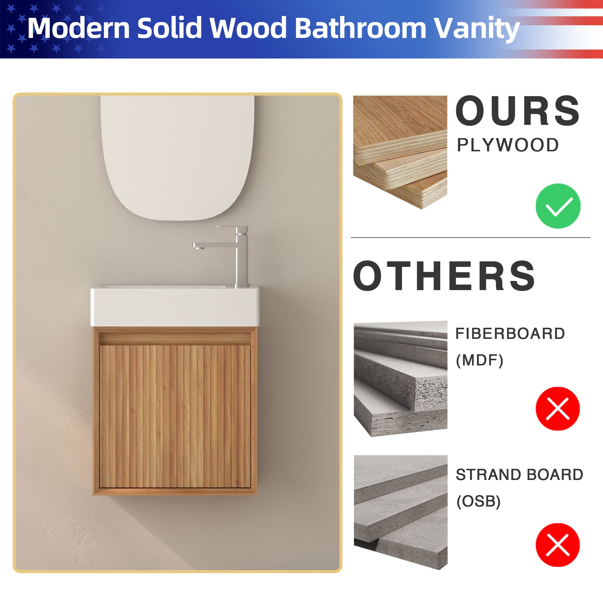 16" Small Bathroom Vanity Wall Mounted,Small Acacia Solid Wood Bathroom Vanity with White SMC Resin Basin, Modern Bathroom Vanity with Soft-Close Door RX-VO8-16NW