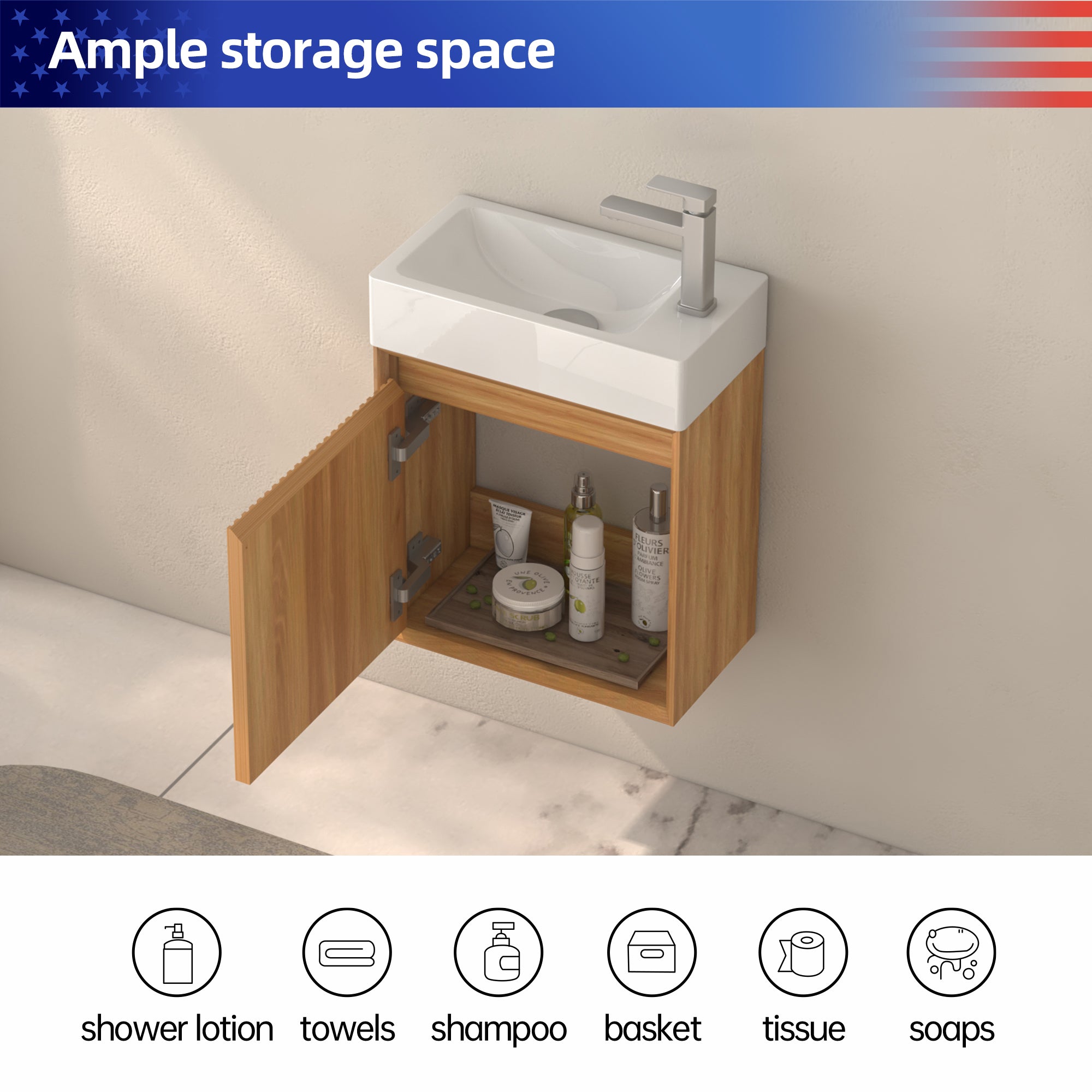 16" Small Bathroom Vanity Wall Mounted,Small Acacia Solid Wood Bathroom Vanity with White SMC Resin Basin, Modern Bathroom Vanity with Soft-Close Door RX-VO8-16NW