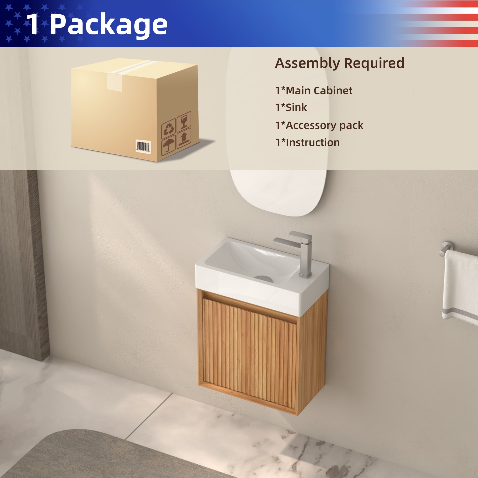 16" Small Bathroom Vanity Wall Mounted,Small Acacia Solid Wood Bathroom Vanity with White SMC Resin Basin, Modern Bathroom Vanity with Soft-Close Door RX-VO8-16NW