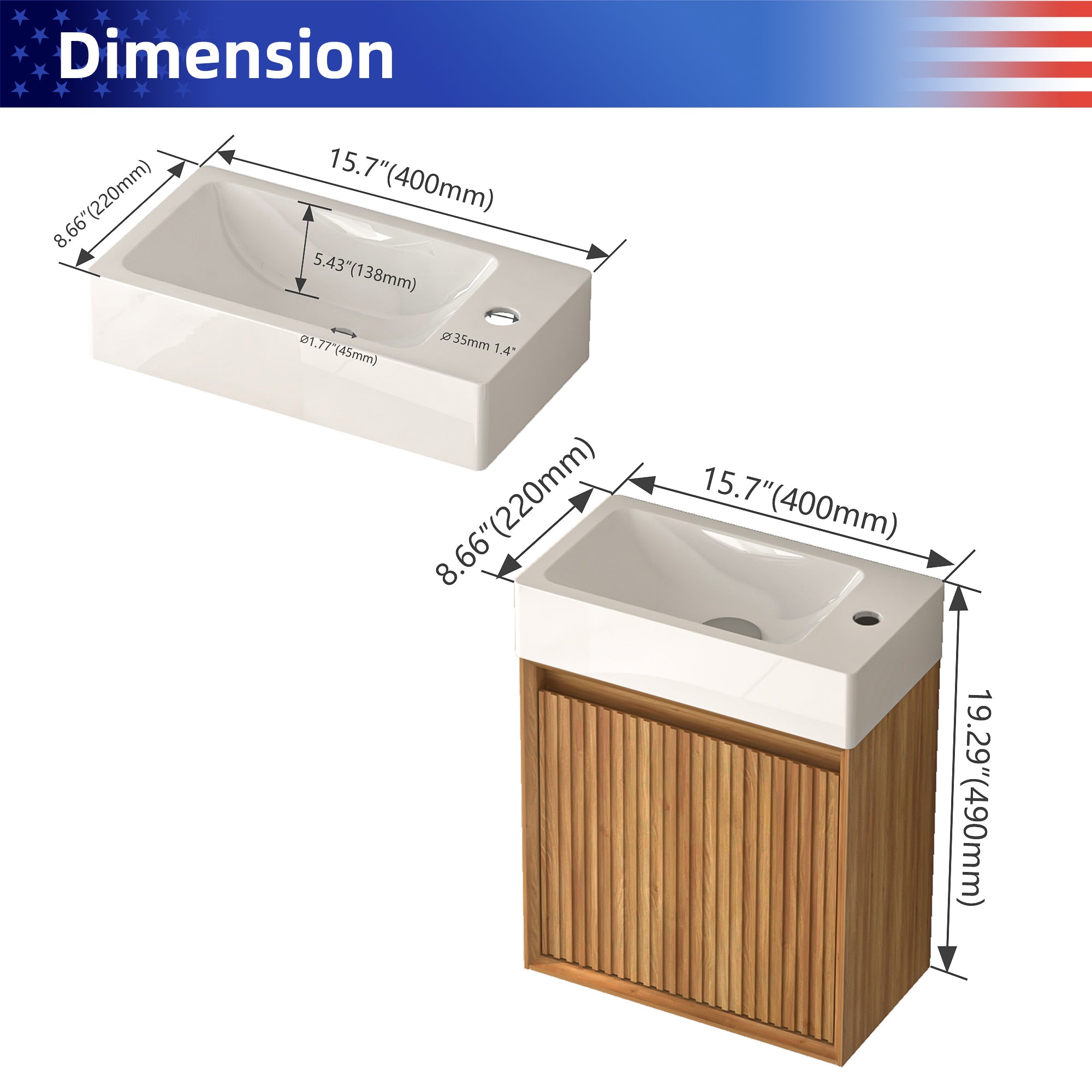 16" Small Bathroom Vanity Wall Mounted,Small Acacia Solid Wood Bathroom Vanity with White SMC Resin Basin, Modern Bathroom Vanity with Soft-Close Door RX-VO8-16NW