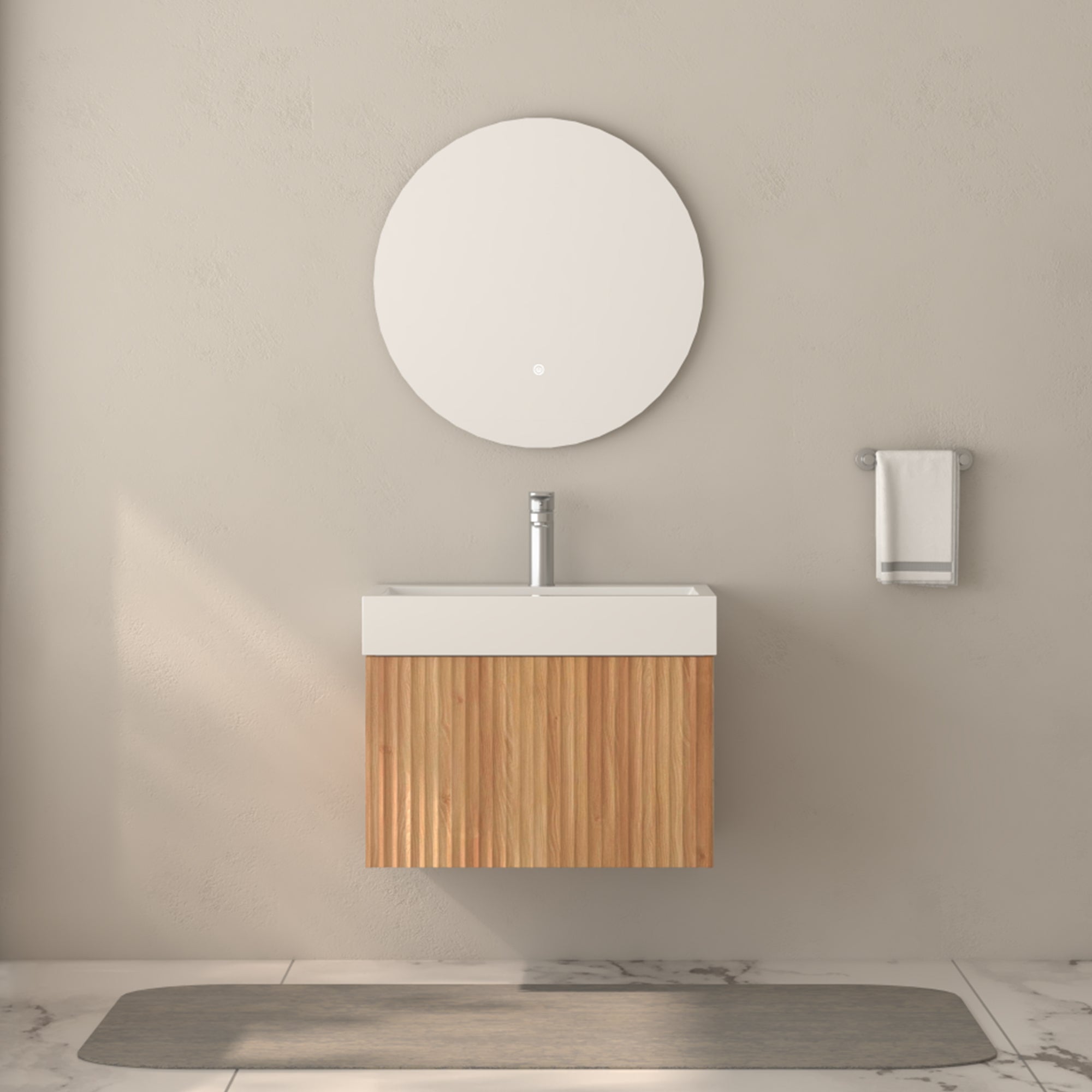 24" Wall-Mounted Floating Bathroom Vanity Pre-Assembled Curved Edge Storage Bathroom Cabinet in Natural Walnut Color with White Ceramic Basin RX-V09-24NW