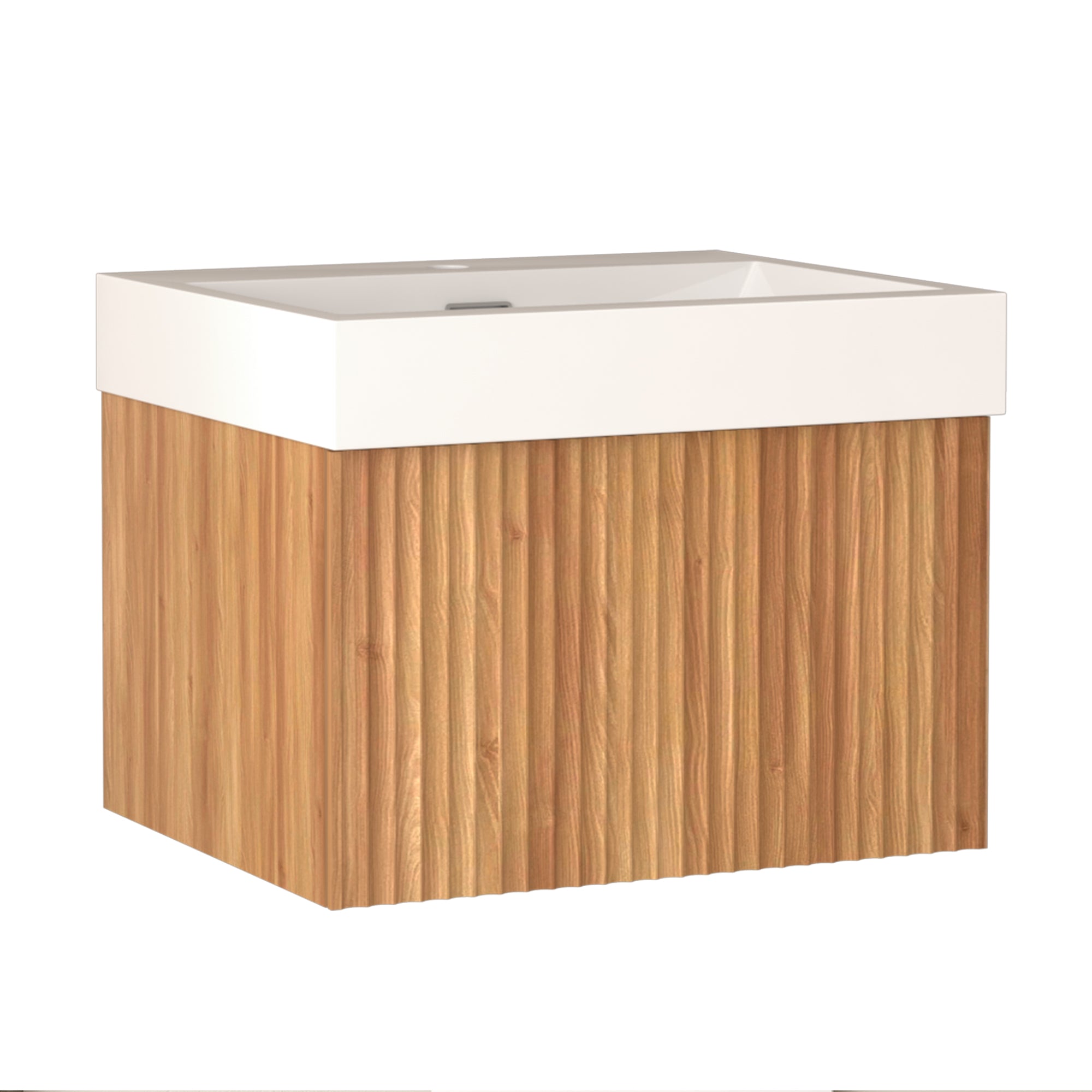 24" Wall-Mounted Floating Bathroom Vanity Pre-Assembled Curved Edge Storage Bathroom Cabinet in Natural Walnut Color with White Ceramic Basin RX-V09-24NW