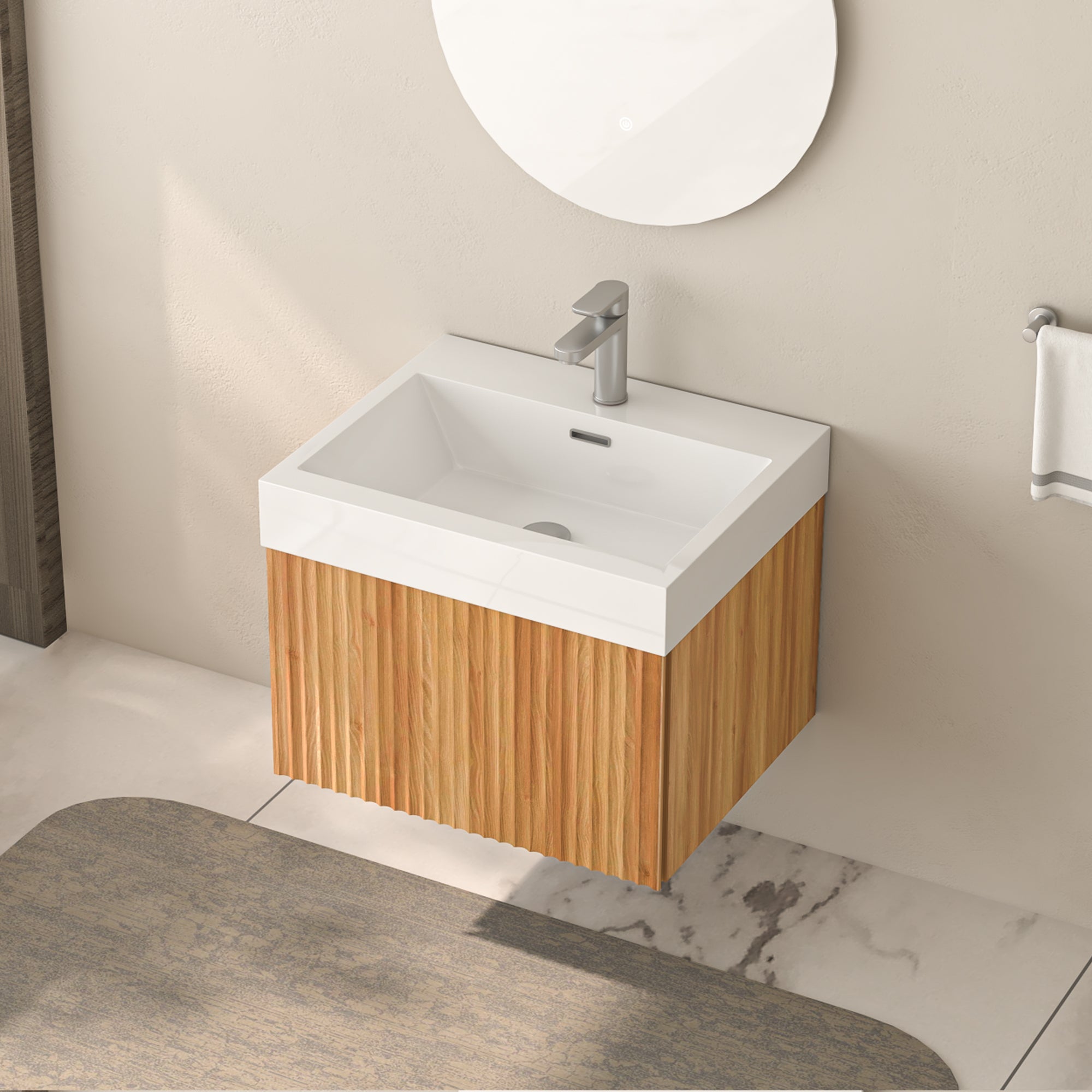 24" Wall-Mounted Floating Bathroom Vanity Pre-Assembled Curved Edge Storage Bathroom Cabinet in Natural Walnut Color with White Ceramic Basin RX-V09-24NW