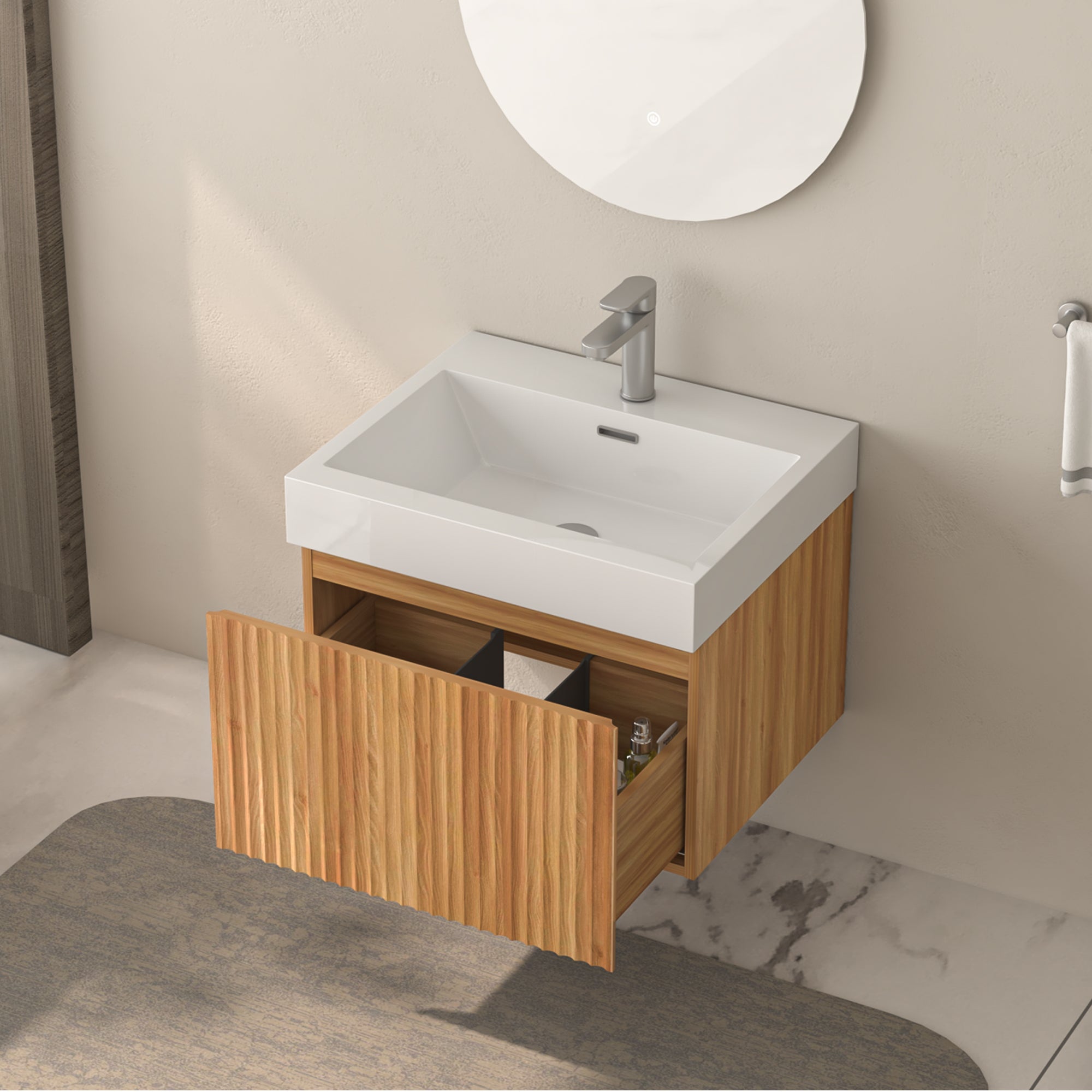 24" Wall-Mounted Floating Bathroom Vanity Pre-Assembled Curved Edge Storage Bathroom Cabinet in Natural Walnut Color with White Ceramic Basin RX-V09-24NW