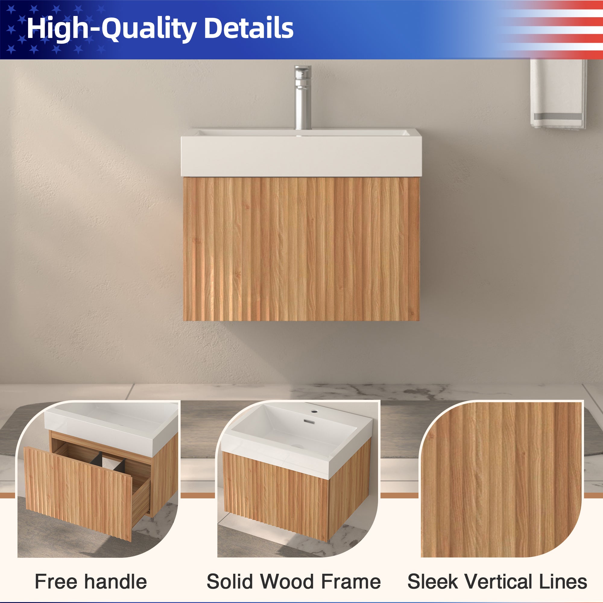 24" Wall-Mounted Floating Bathroom Vanity Pre-Assembled Curved Edge Storage Bathroom Cabinet in Natural Walnut Color with White Ceramic Basin RX-V09-24NW