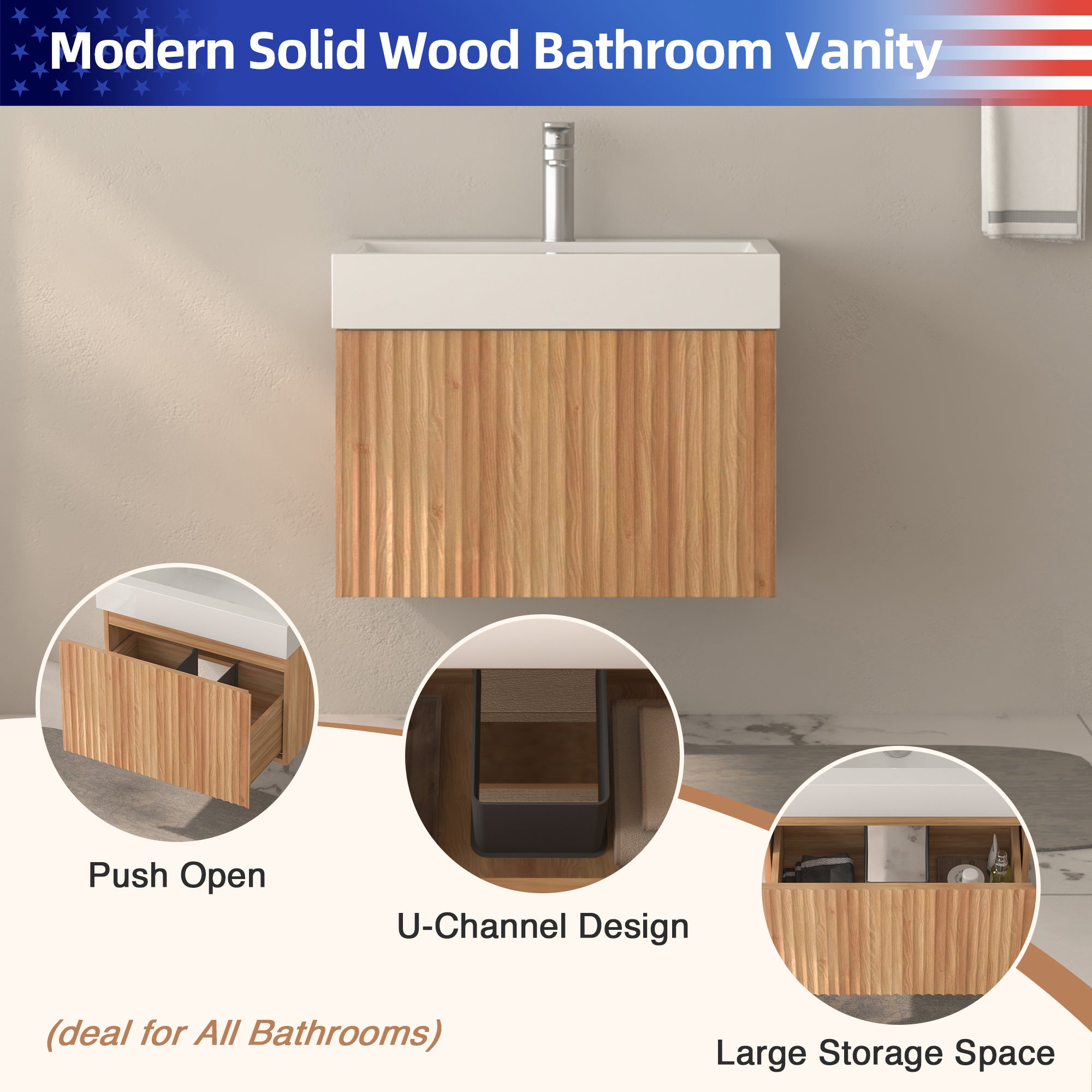 24" Wall-Mounted Floating Bathroom Vanity Pre-Assembled Curved Edge Storage Bathroom Cabinet in Natural Walnut Color with White Ceramic Basin RX-V09-24NW