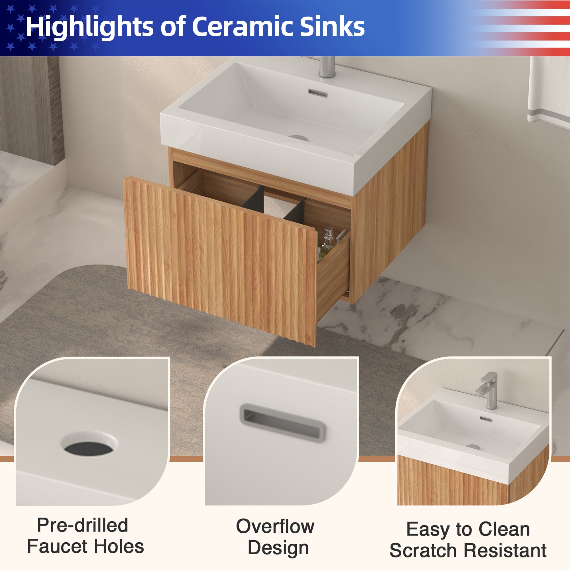 24" Wall-Mounted Floating Bathroom Vanity Pre-Assembled Curved Edge Storage Bathroom Cabinet in Natural Walnut Color with White Ceramic Basin RX-V09-24NW