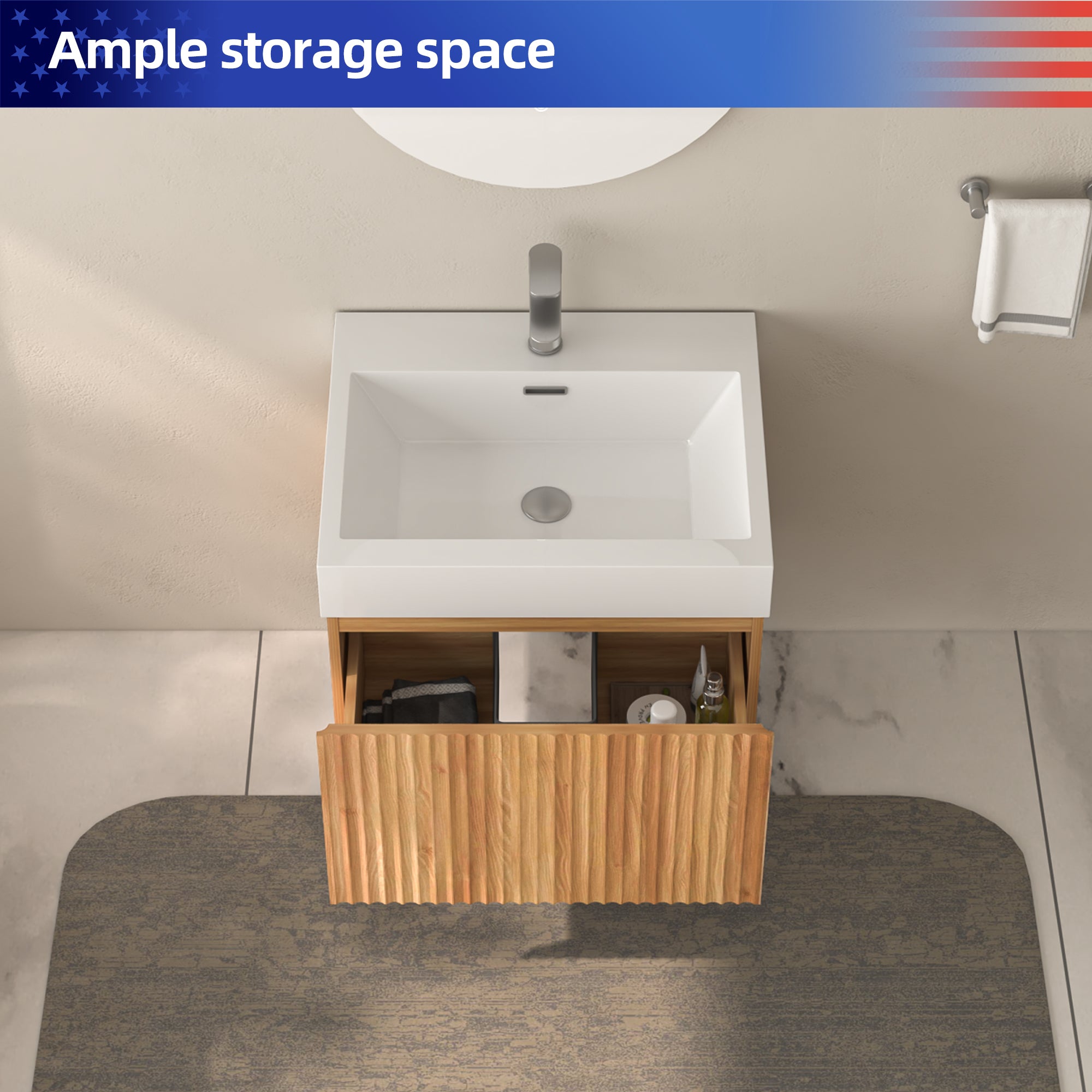 24" Wall-Mounted Floating Bathroom Vanity Pre-Assembled Curved Edge Storage Bathroom Cabinet in Natural Walnut Color with White Ceramic Basin RX-V09-24NW