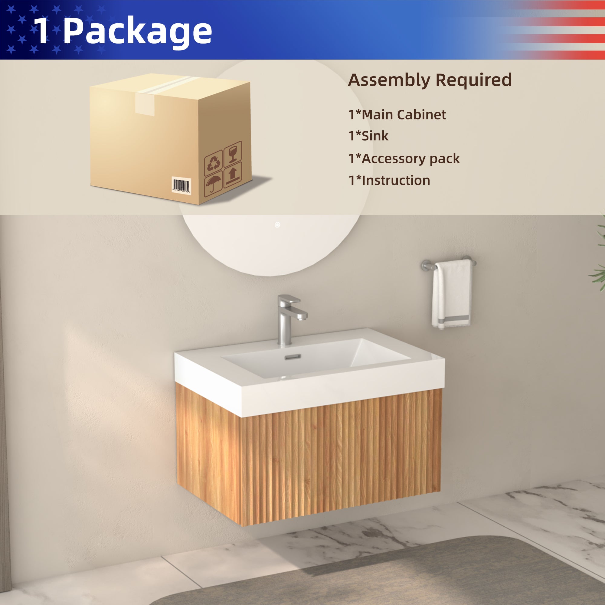 24" Wall-Mounted Floating Bathroom Vanity Pre-Assembled Curved Edge Storage Bathroom Cabinet in Natural Walnut Color with White Ceramic Basin RX-V09-24NW