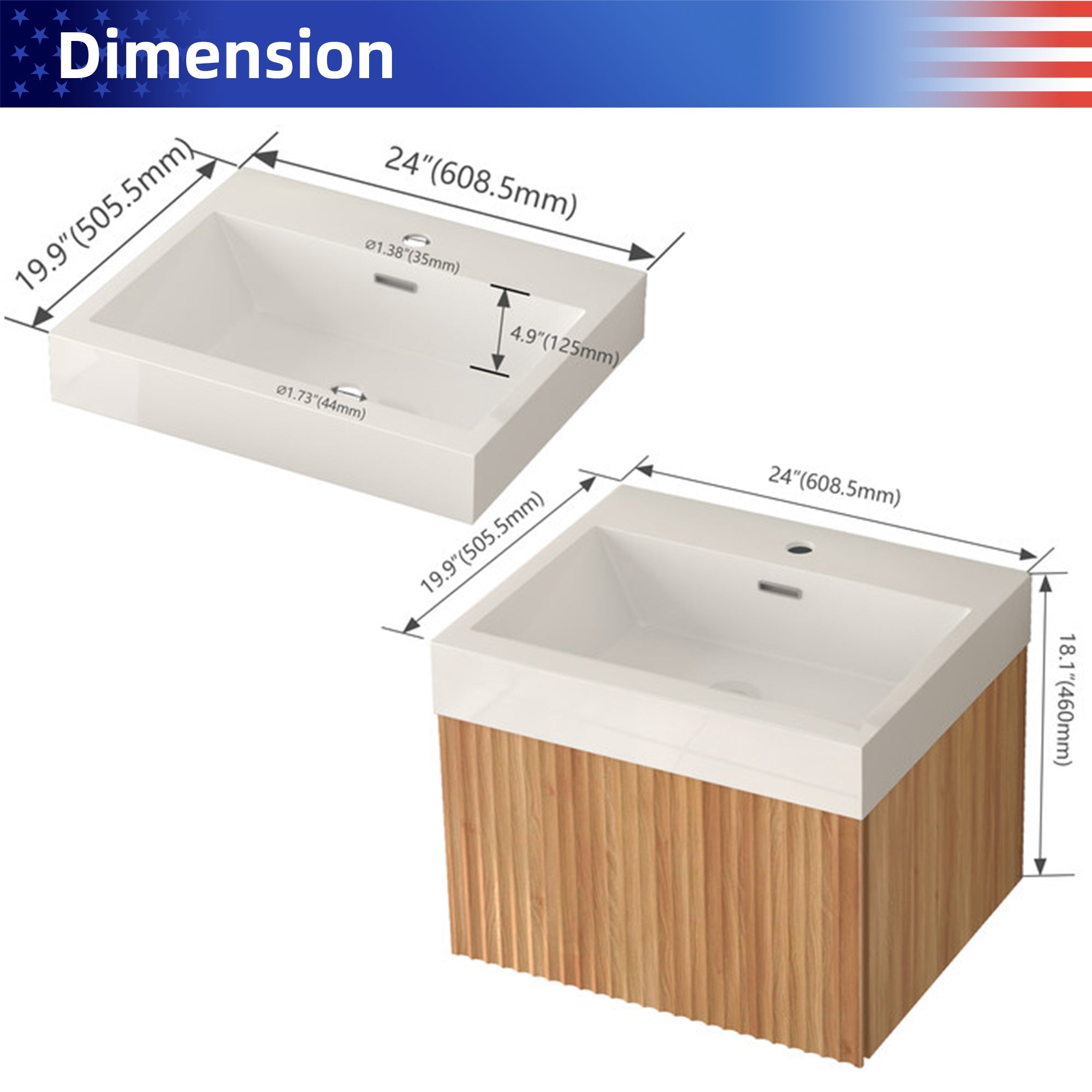24" Wall-Mounted Floating Bathroom Vanity Pre-Assembled Curved Edge Storage Bathroom Cabinet in Natural Walnut Color with White Ceramic Basin RX-V09-24NW