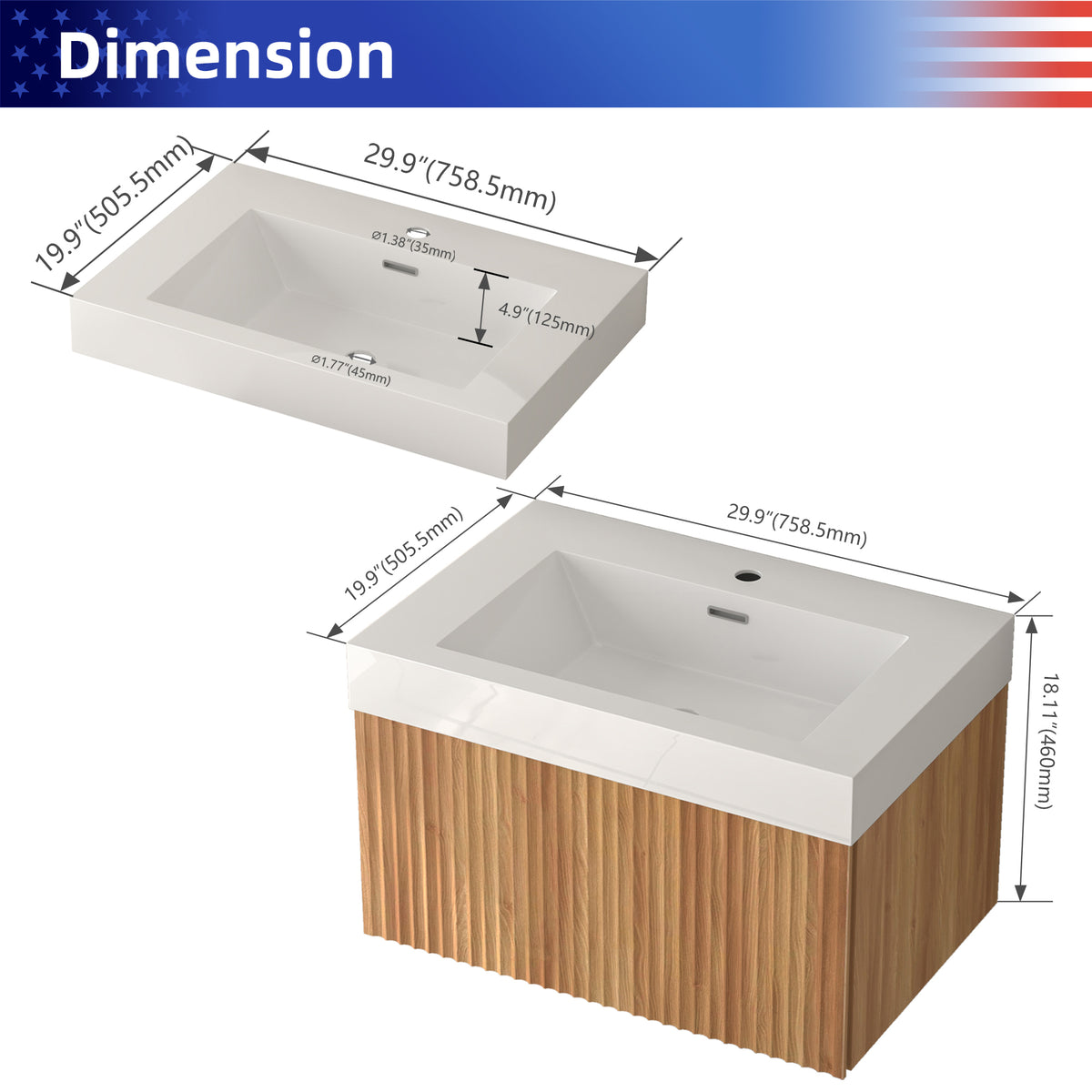 RAINLEX 30" Wall-Mount Floating Bathroom Vanity with Integrated Basin
