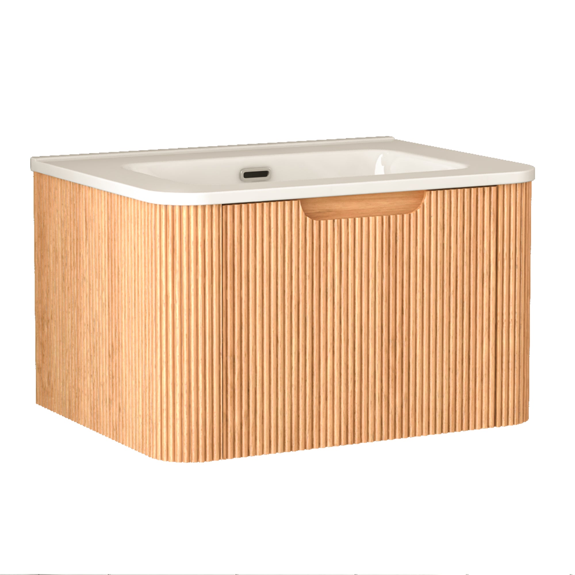 24" Wall-Mounted Floating Bathroom Vanity Pre-Assembled Curved Edge Storage Bathroom Cabinet in Natural Walnut Color with White Ceramic Basin RX-V09-24NW