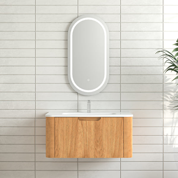 30" Wall-Mounted Floating Solid Wood Bathroom Vanity Pre-Assembled Curved Edge Storage Bathroom Cabinet in Natural Walnut Color with White Ceramic Basin RX-V09-30NW