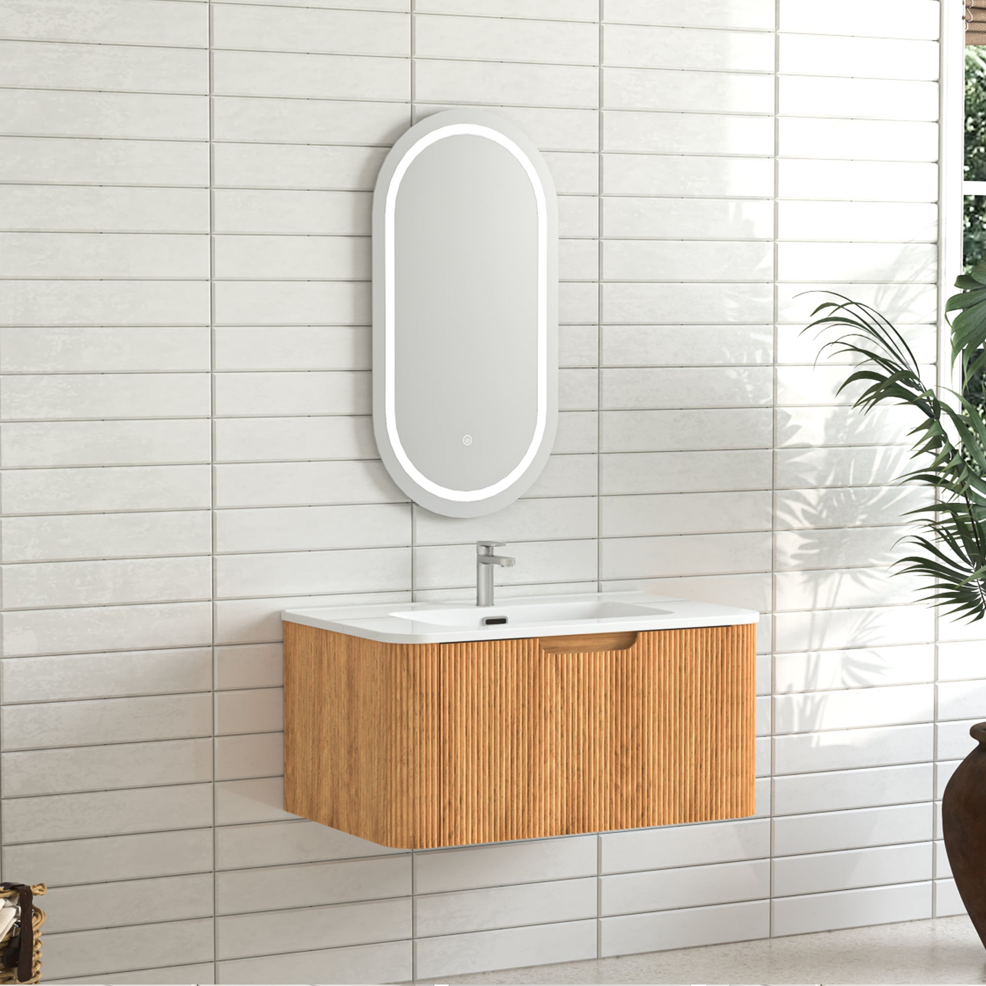 30" Wall-Mount Floating Solid Wood Bathroom Vanity, Curved Edge, Natural Walnut