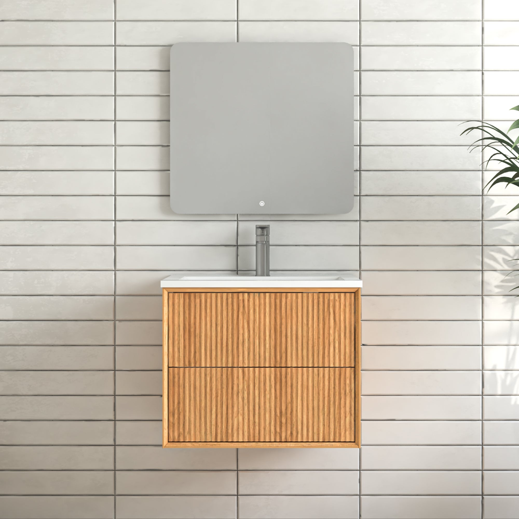 24" Wall-Mount Floating Solid Wood Bathroom Vanity with White Resin Sink, 2 Drawers