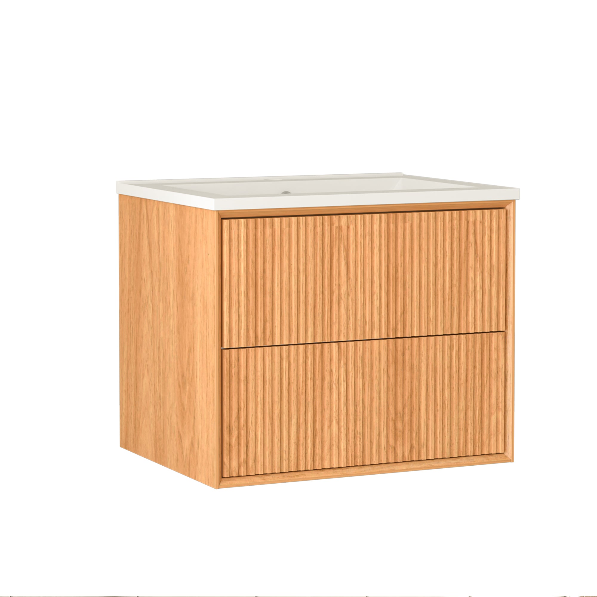 24" Wall-Mount Floating Solid Wood Bathroom Vanity with White Resin Sink, 2 Drawers