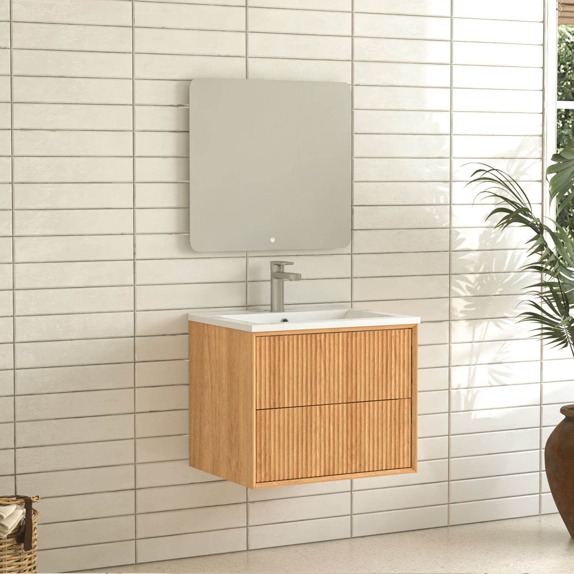 24" Wall-Mount Floating Solid Wood Bathroom Vanity with White Resin Sink, 2 Drawers