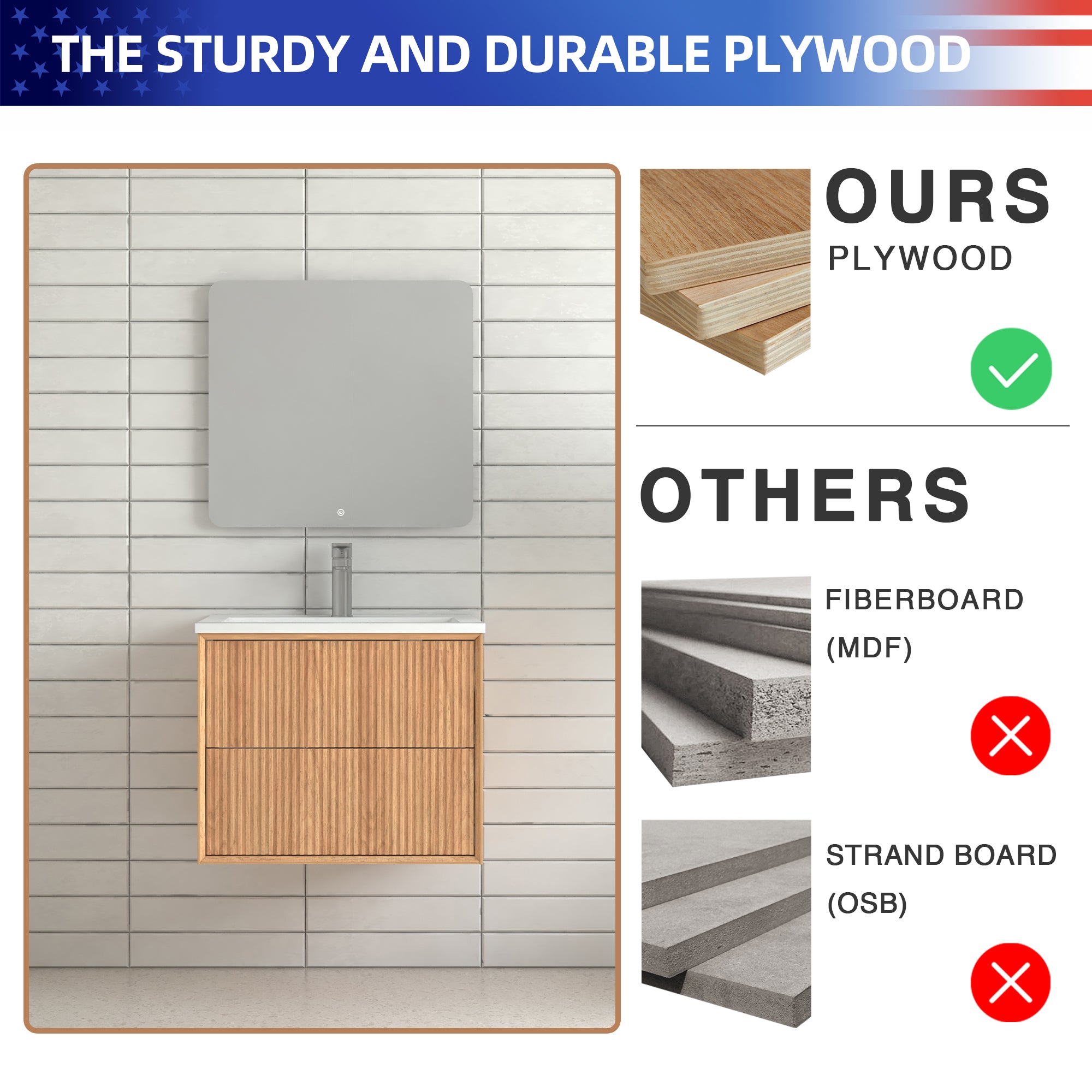 24" Wall-Mount Floating Solid Wood Bathroom Vanity with White Resin Sink, 2 Drawers