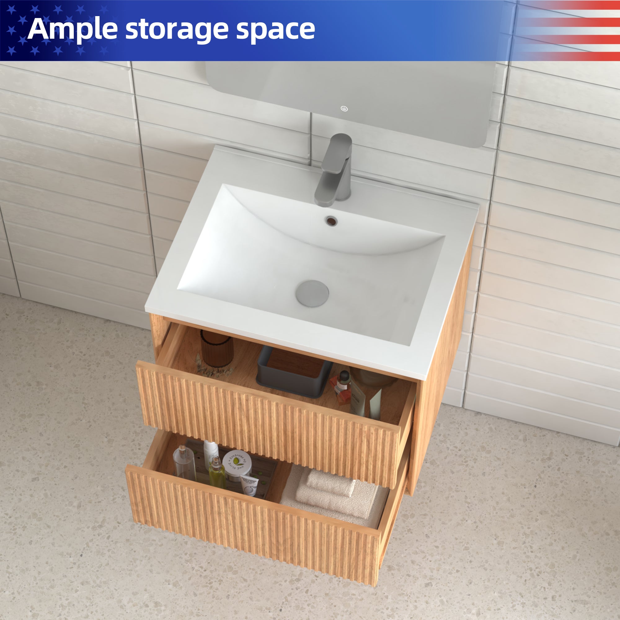 24" Wall-Mount Floating Solid Wood Bathroom Vanity with White Resin Sink, 2 Drawers