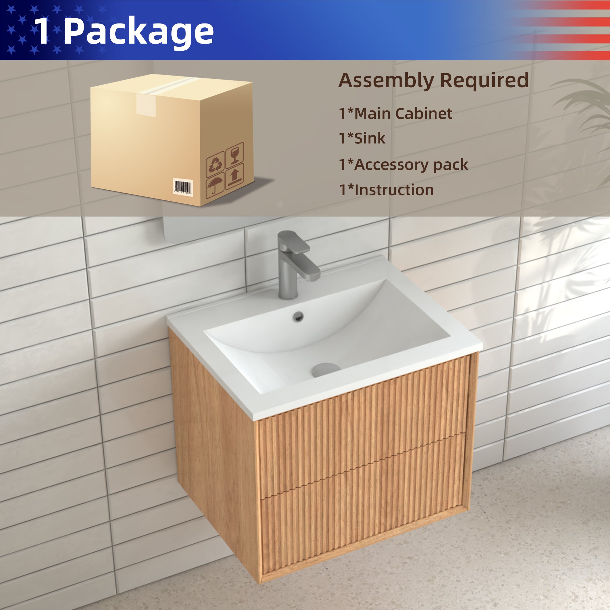 24" Wall-Mount Floating Solid Wood Bathroom Vanity with White Resin Sink, 2 Drawers