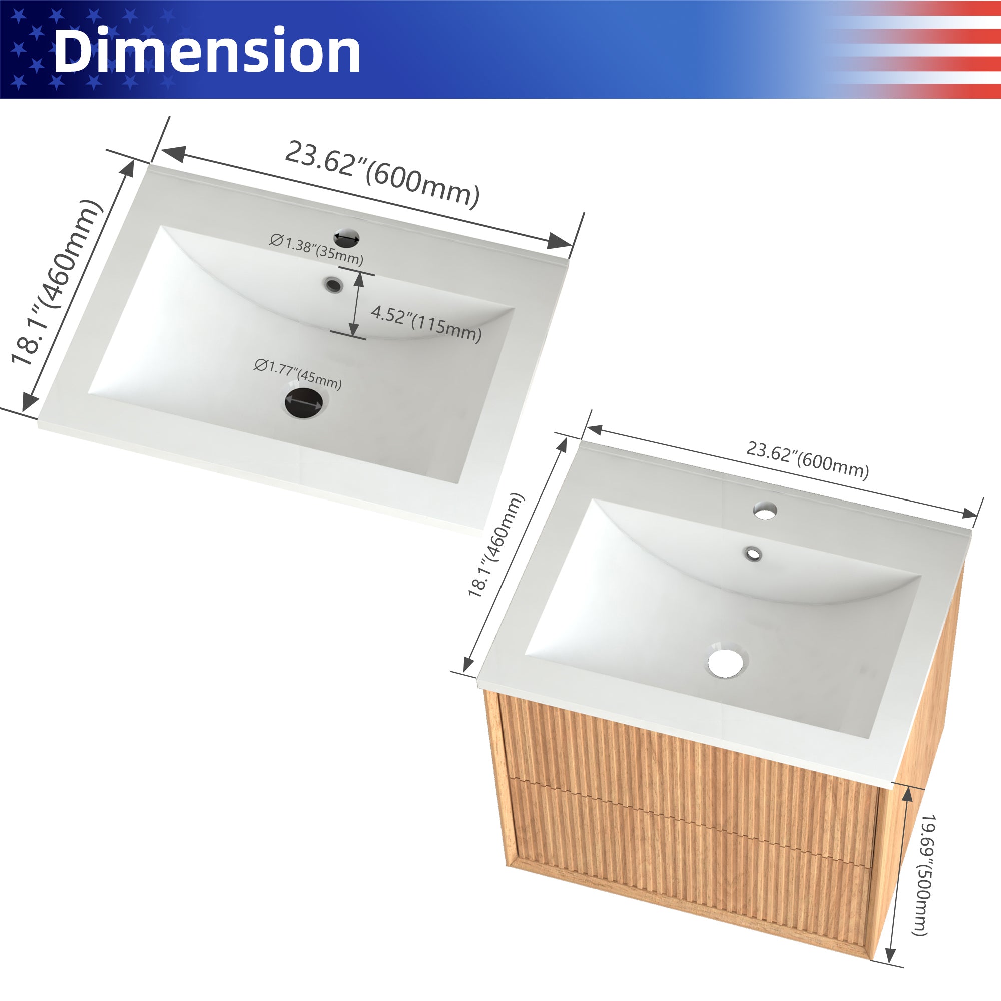 24" Wall-Mount Floating Solid Wood Bathroom Vanity with White Resin Sink, 2 Drawers